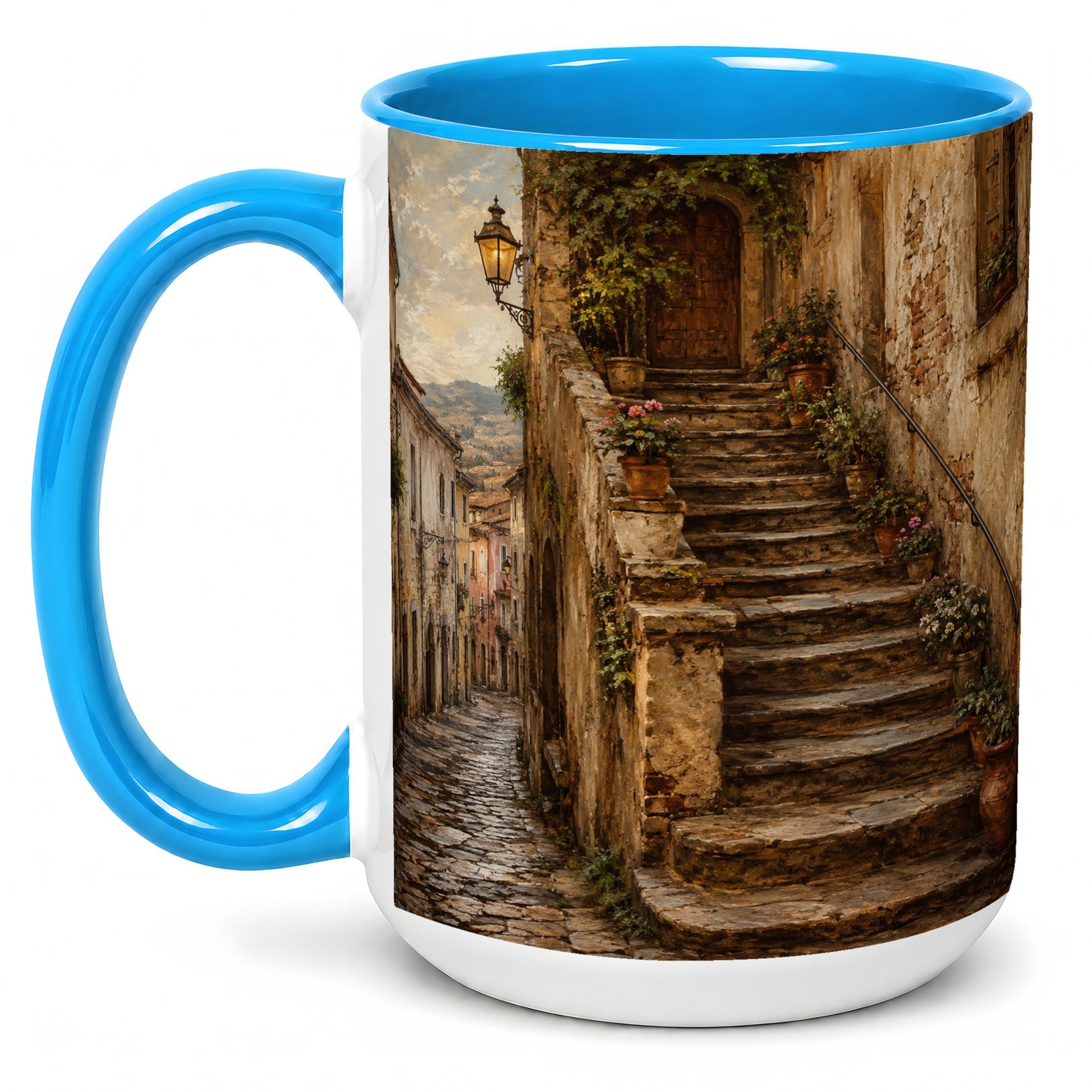 #pl[15oz|Blue] Old Village Staircase Ceramic Mug, Rustic European Street Art