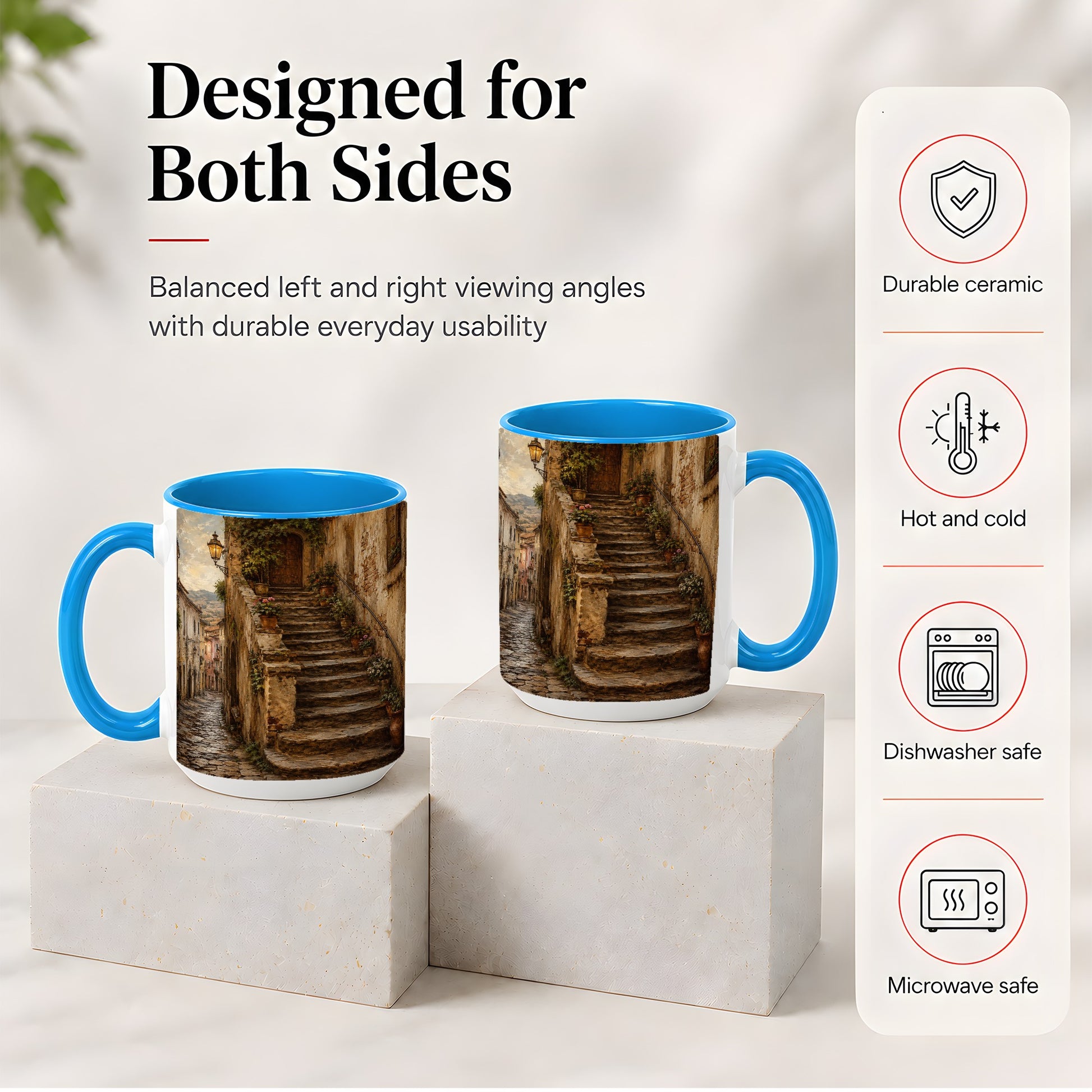 #pl[15oz|Blue] Old Village Staircase Ceramic Mug, Rustic European Street Art
