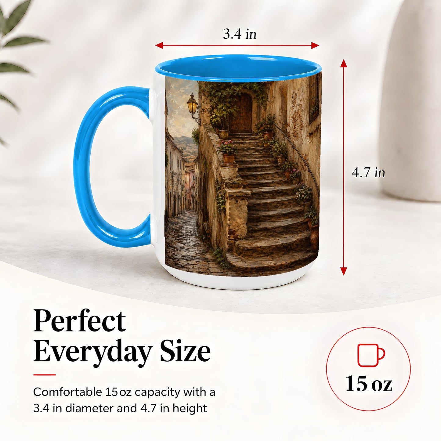 #pl[15oz|Blue] Old Village Staircase Ceramic Mug, Rustic European Street Art