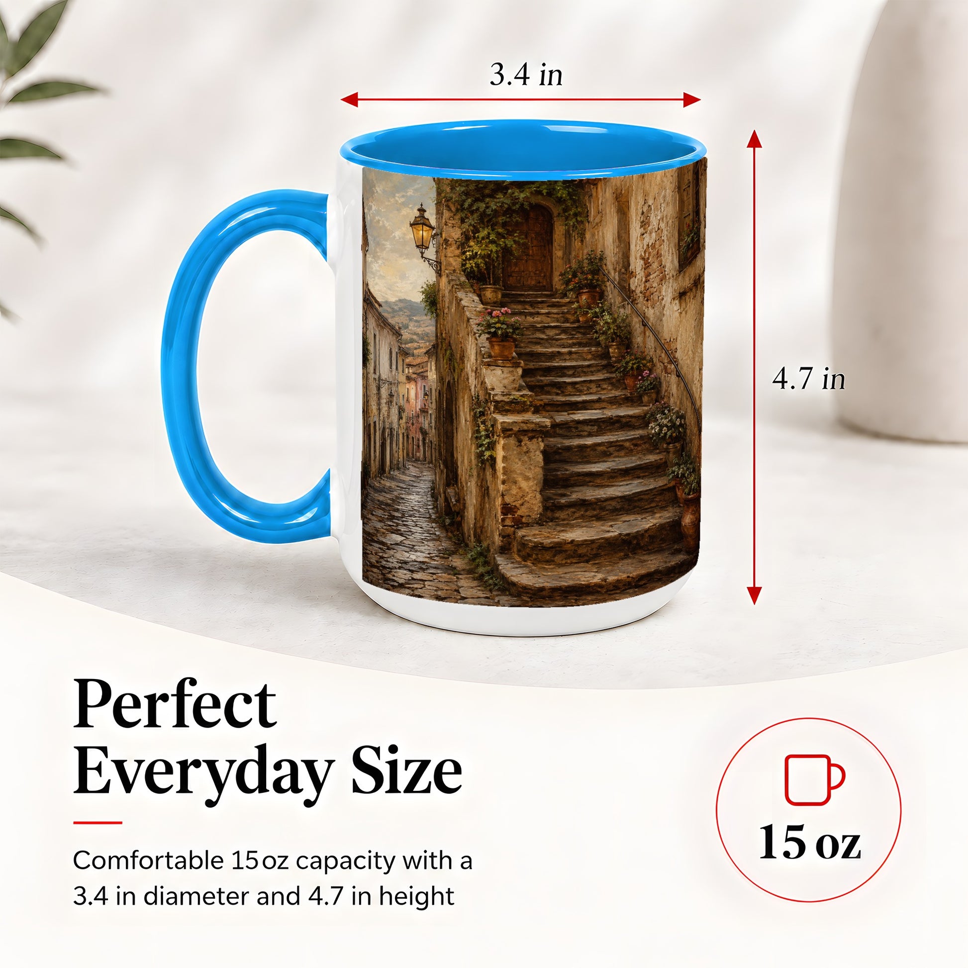 #pl[15oz|Blue] Old Village Staircase Ceramic Mug, Rustic European Street Art