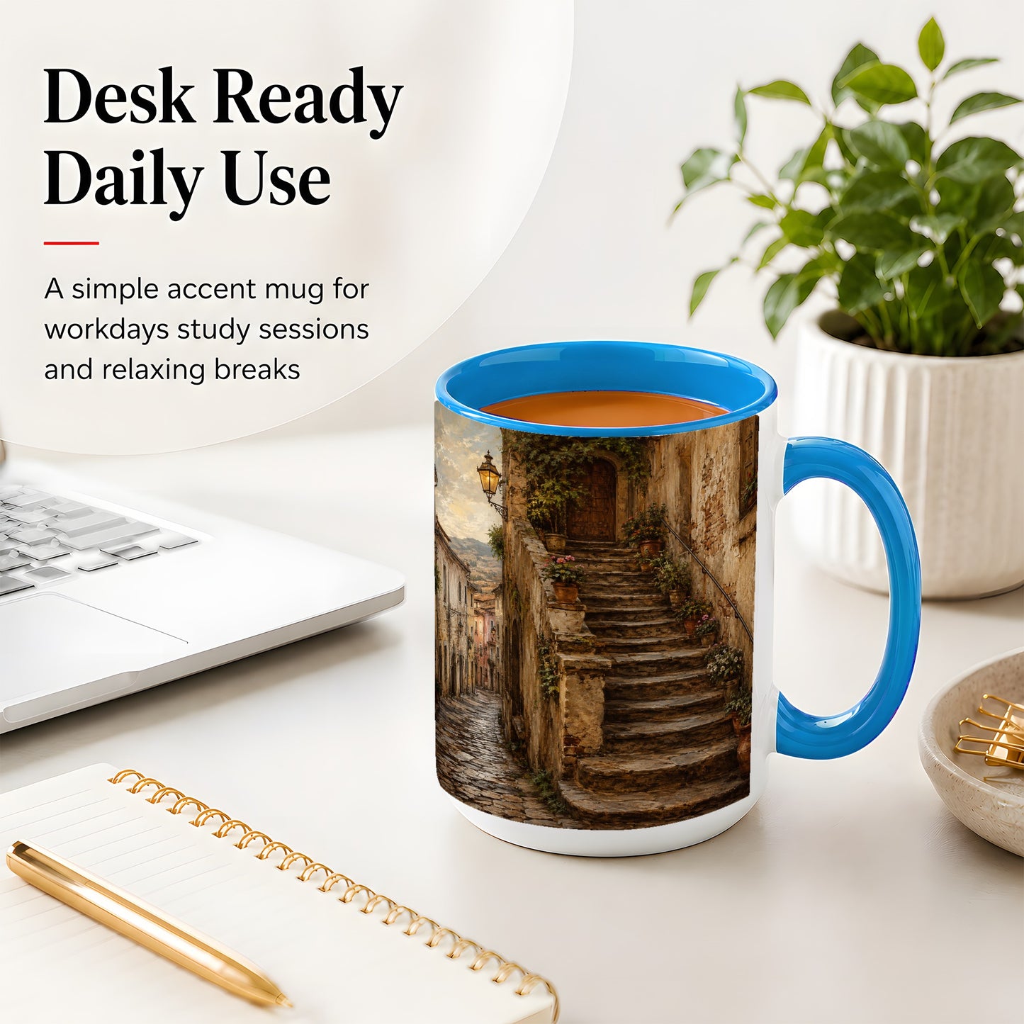 #pl[15oz|Blue] Old Village Staircase Ceramic Mug, Rustic European Street Art