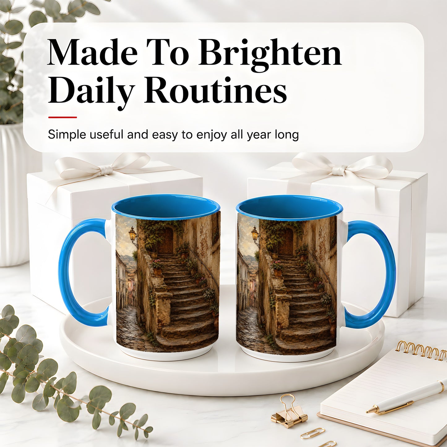 #pl[15oz|Blue] Old Village Staircase Ceramic Mug, Rustic European Street Art