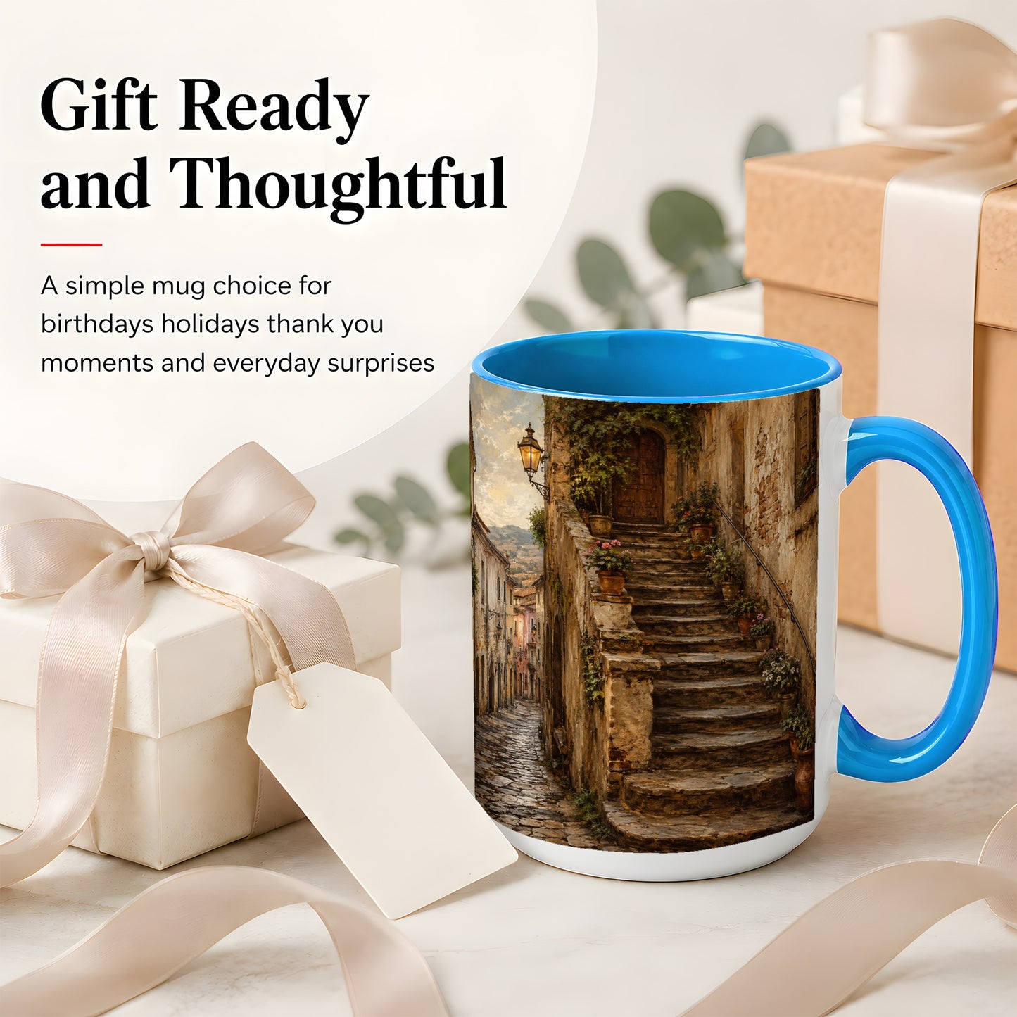 #pl[15oz|Blue] Old Village Staircase Ceramic Mug, Rustic European Street Art