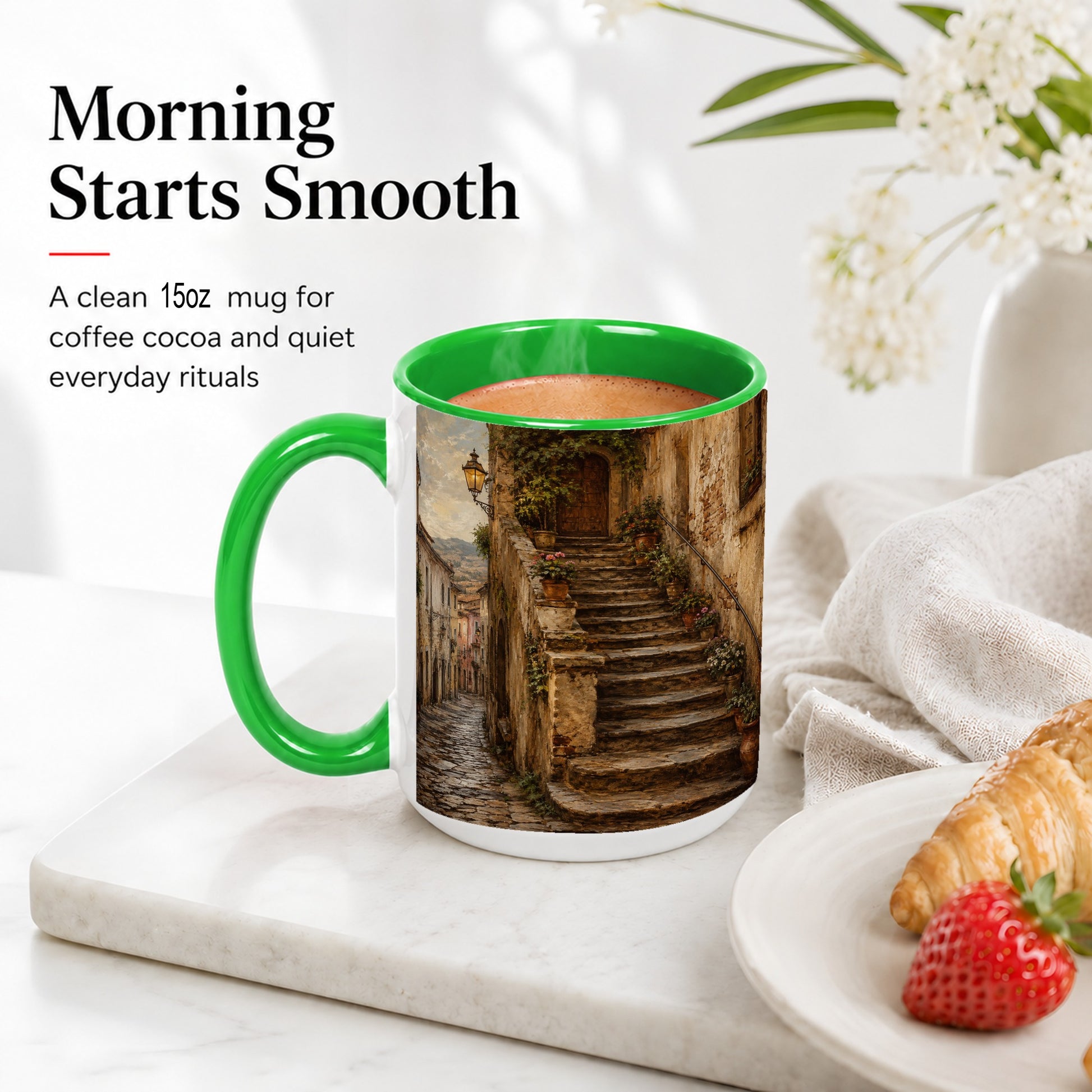 #pl[15oz|Green] Old Village Staircase Ceramic Mug, Rustic European Street Art
