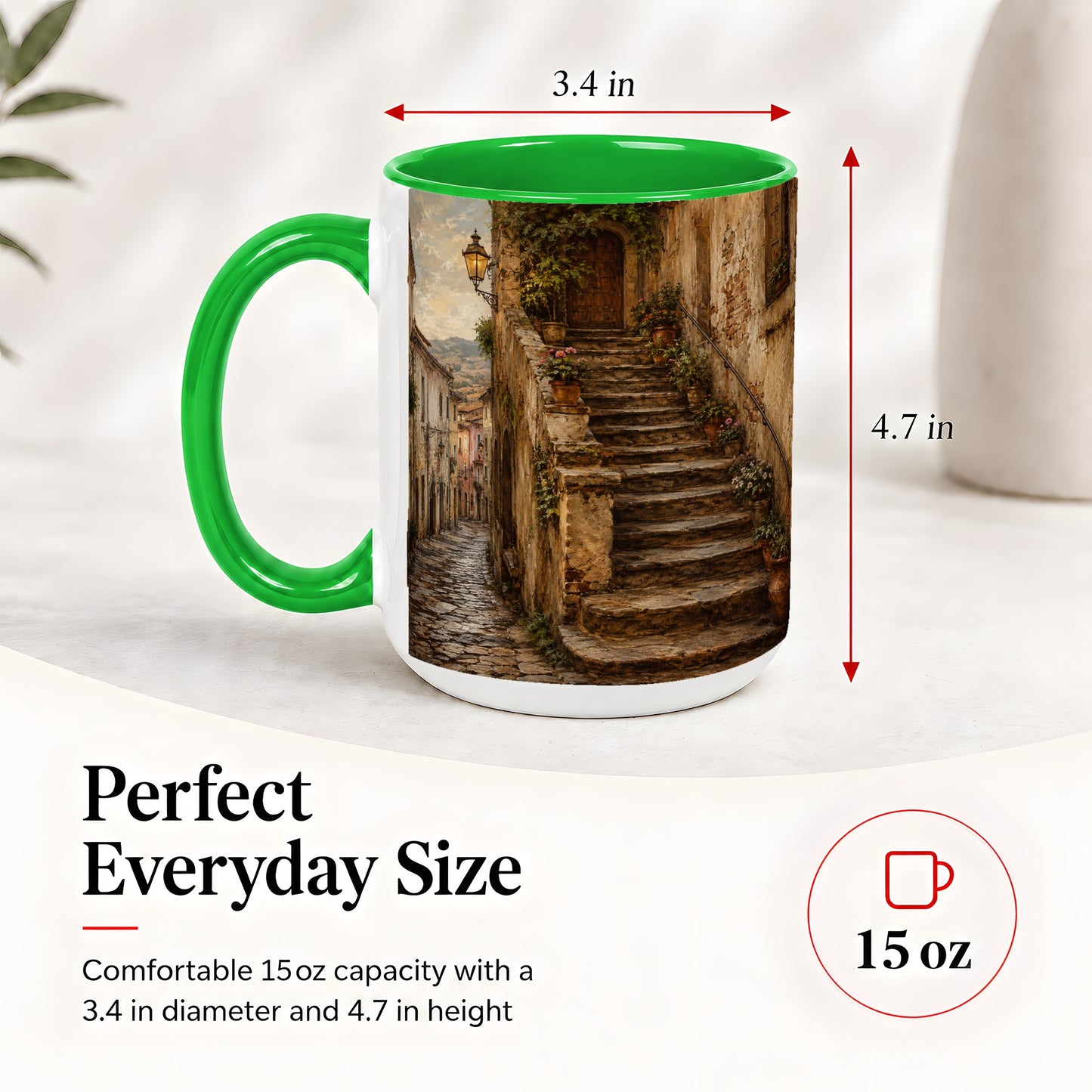 #pl[15oz|Green] Old Village Staircase Ceramic Mug, Rustic European Street Art