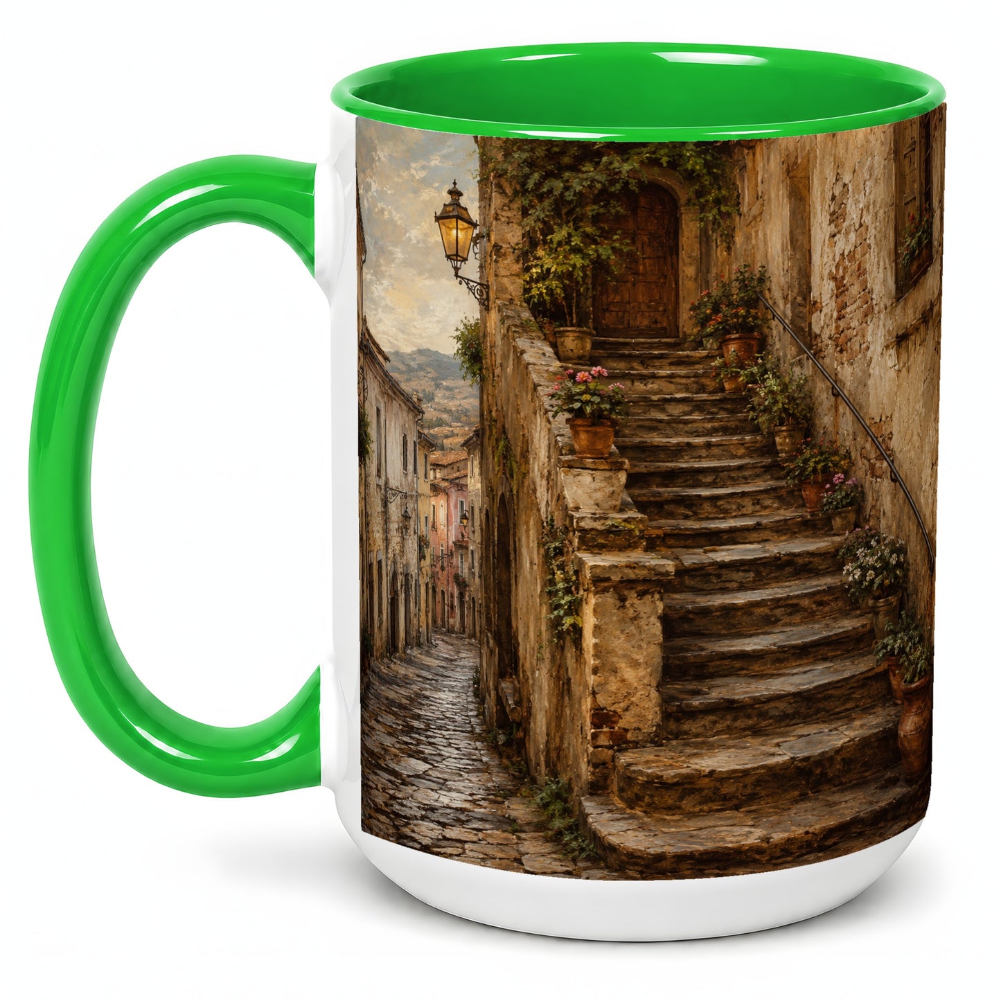 #pl[15oz|Green] Old Village Staircase Ceramic Mug, Rustic European Street Art