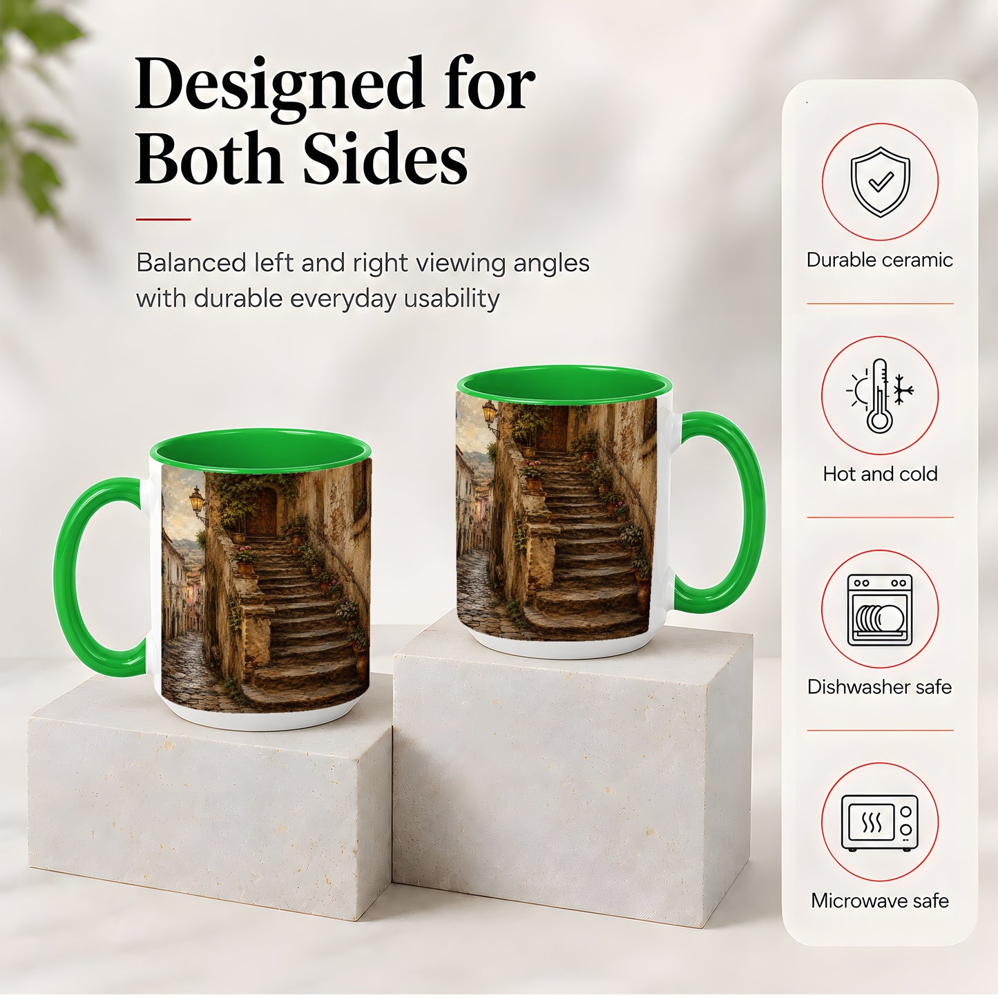 #pl[15oz|Green] Old Village Staircase Ceramic Mug, Rustic European Street Art