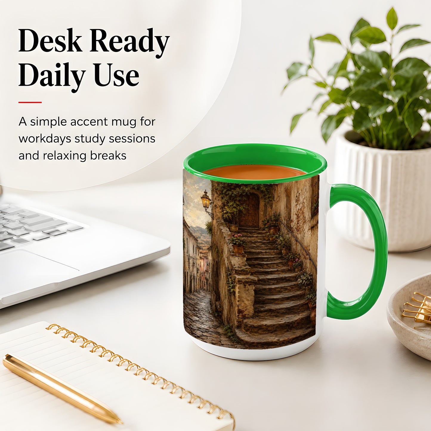 #pl[15oz|Green] Old Village Staircase Ceramic Mug, Rustic European Street Art