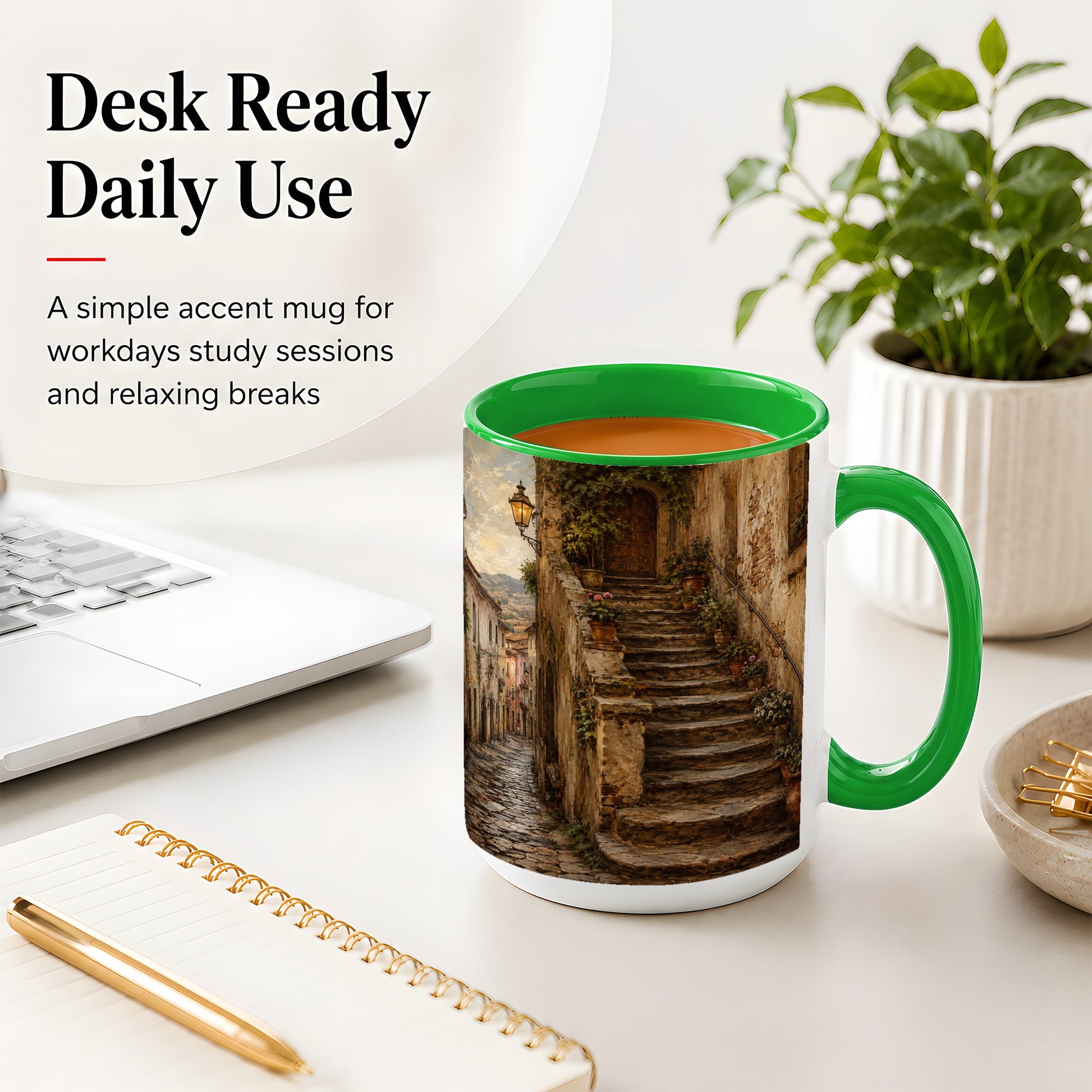 #pl[15oz|Green] Old Village Staircase Ceramic Mug, Rustic European Street Art