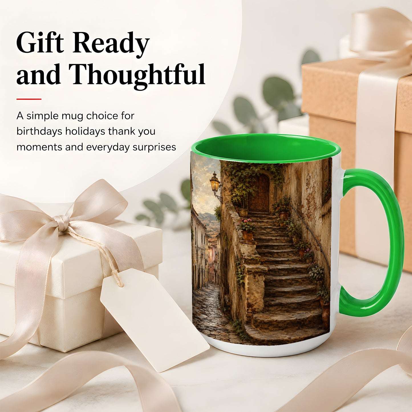 #pl[15oz|Green] Old Village Staircase Ceramic Mug, Rustic European Street Art