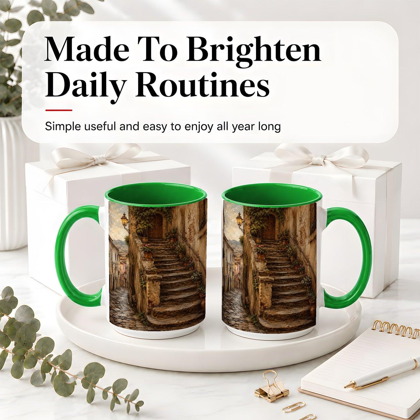 #pl[15oz|Green] Old Village Staircase Ceramic Mug, Rustic European Street Art