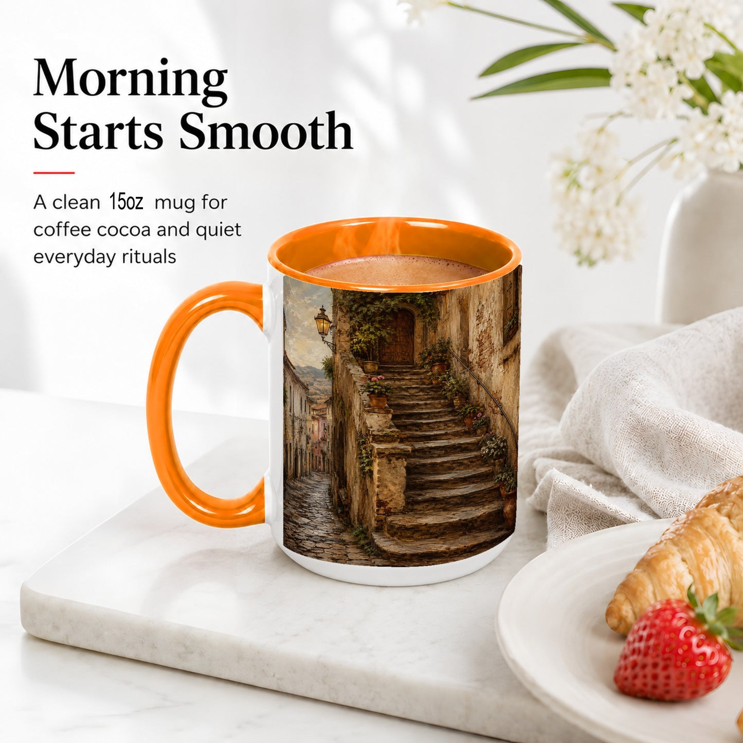 #pl[15oz|Orange] Old Village Staircase Ceramic Mug, Rustic European Street Art