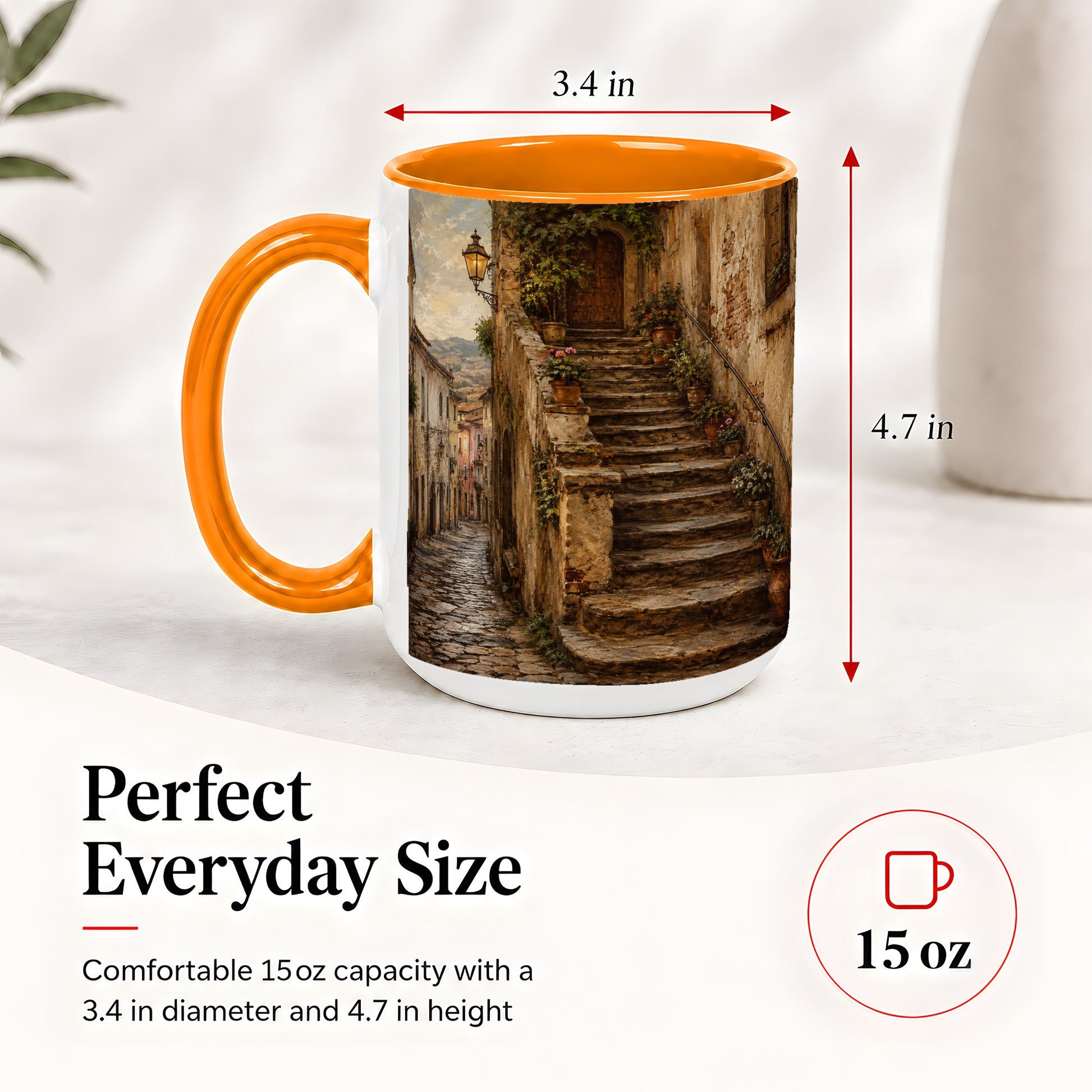 #pl[15oz|Orange] Old Village Staircase Ceramic Mug, Rustic European Street Art