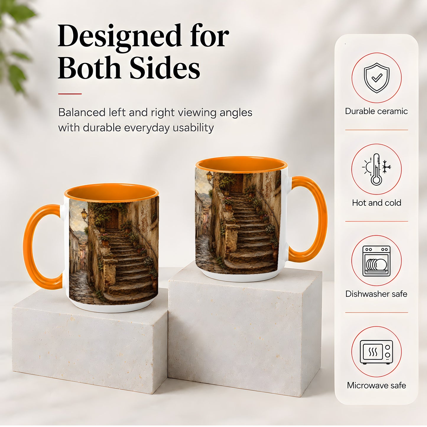 #pl[15oz|Orange] Old Village Staircase Ceramic Mug, Rustic European Street Art