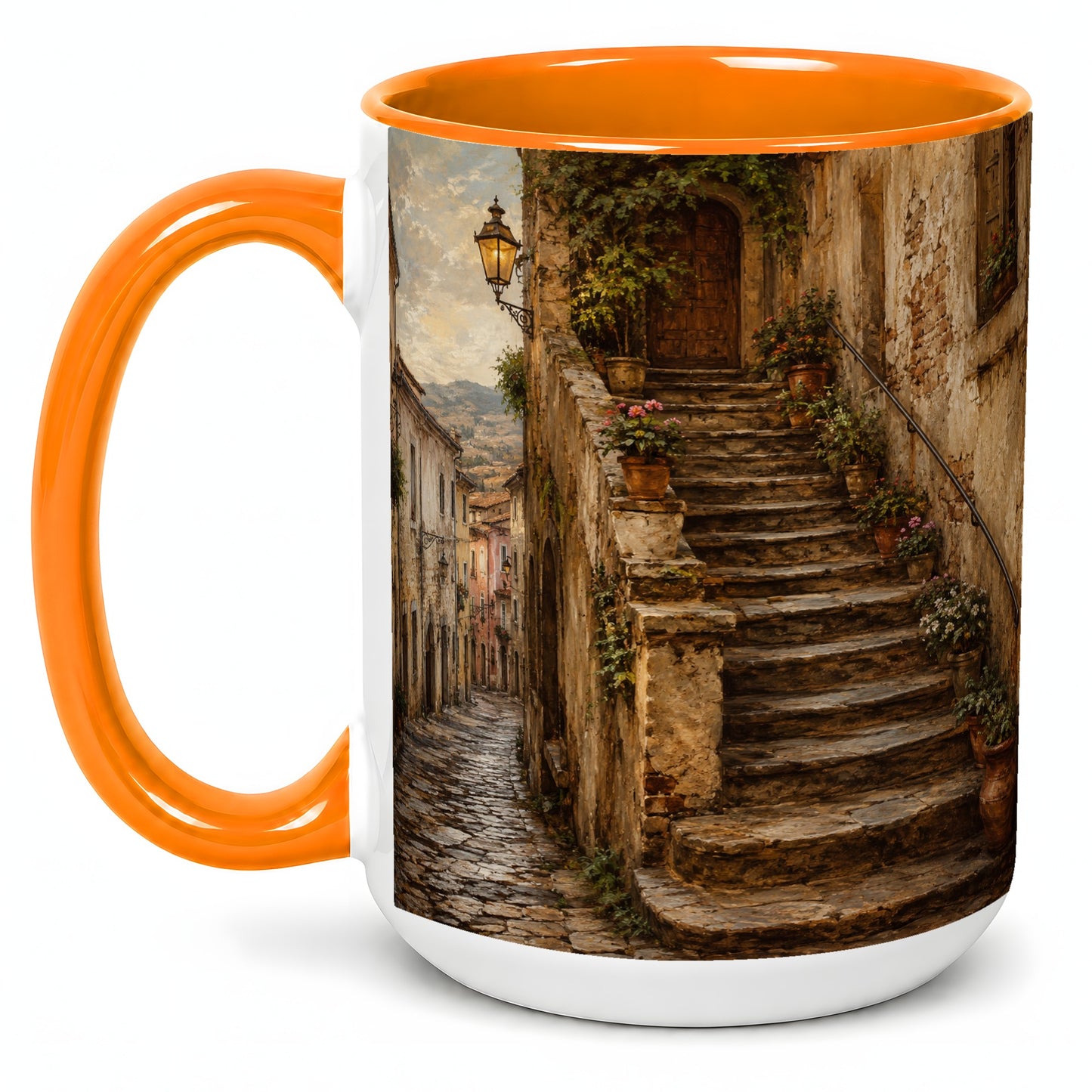 #pl[15oz|Orange] Old Village Staircase Ceramic Mug, Rustic European Street Art
