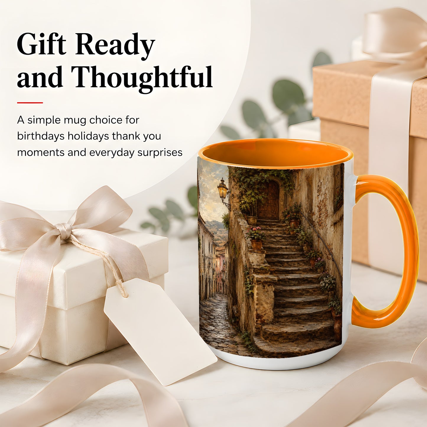 #pl[15oz|Orange] Old Village Staircase Ceramic Mug, Rustic European Street Art
