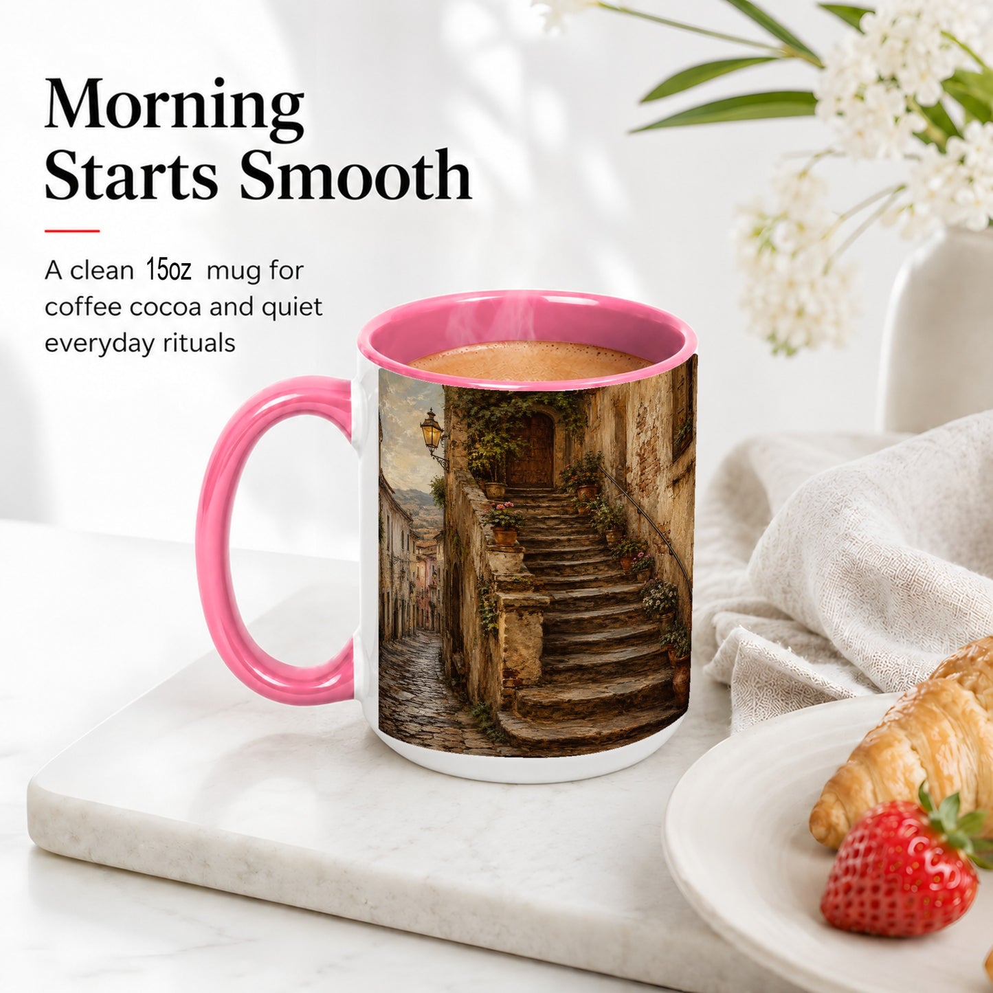 #pl[15oz|Pink] Old Village Staircase Ceramic Mug, Rustic European Street Art