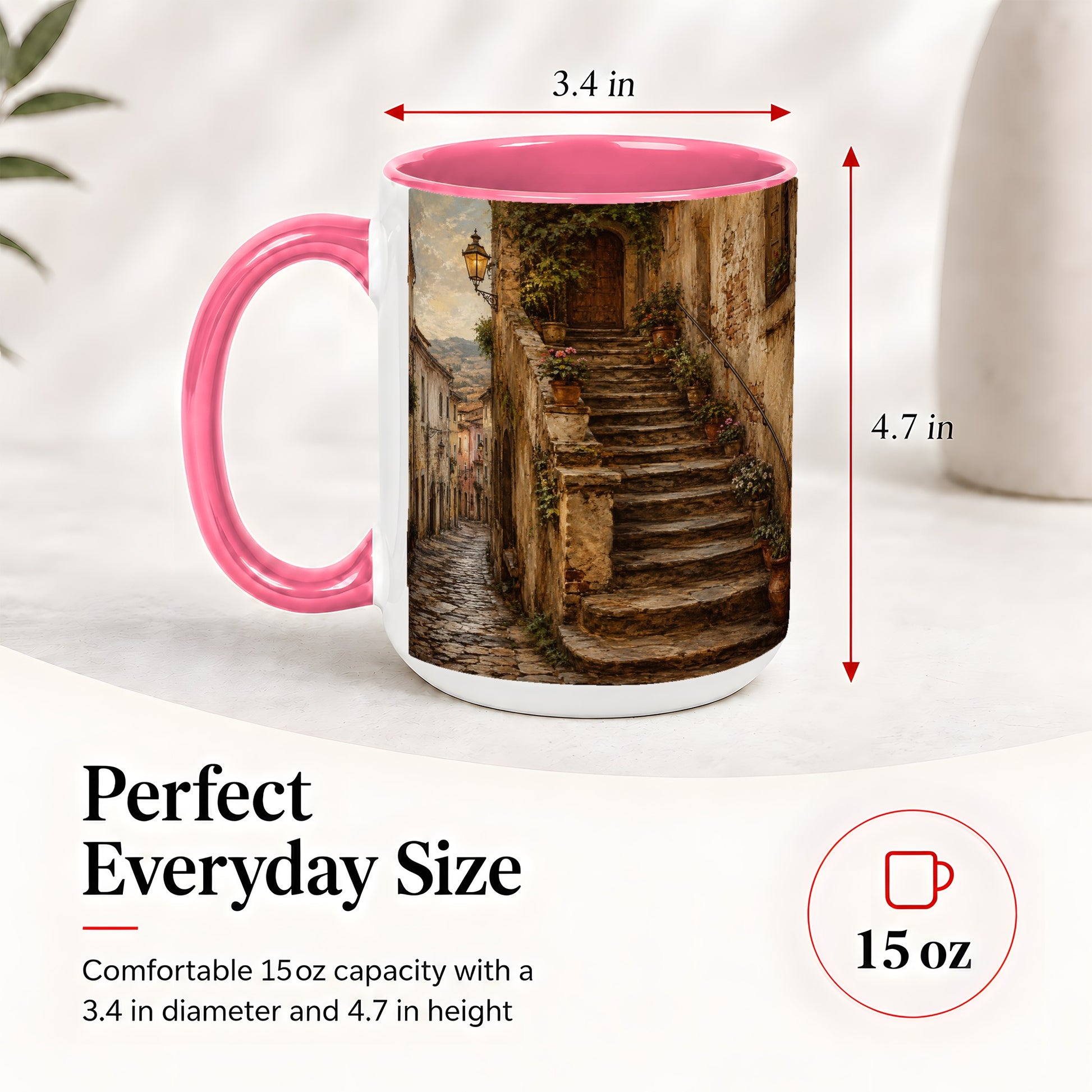 #pl[15oz|Pink] Old Village Staircase Ceramic Mug, Rustic European Street Art