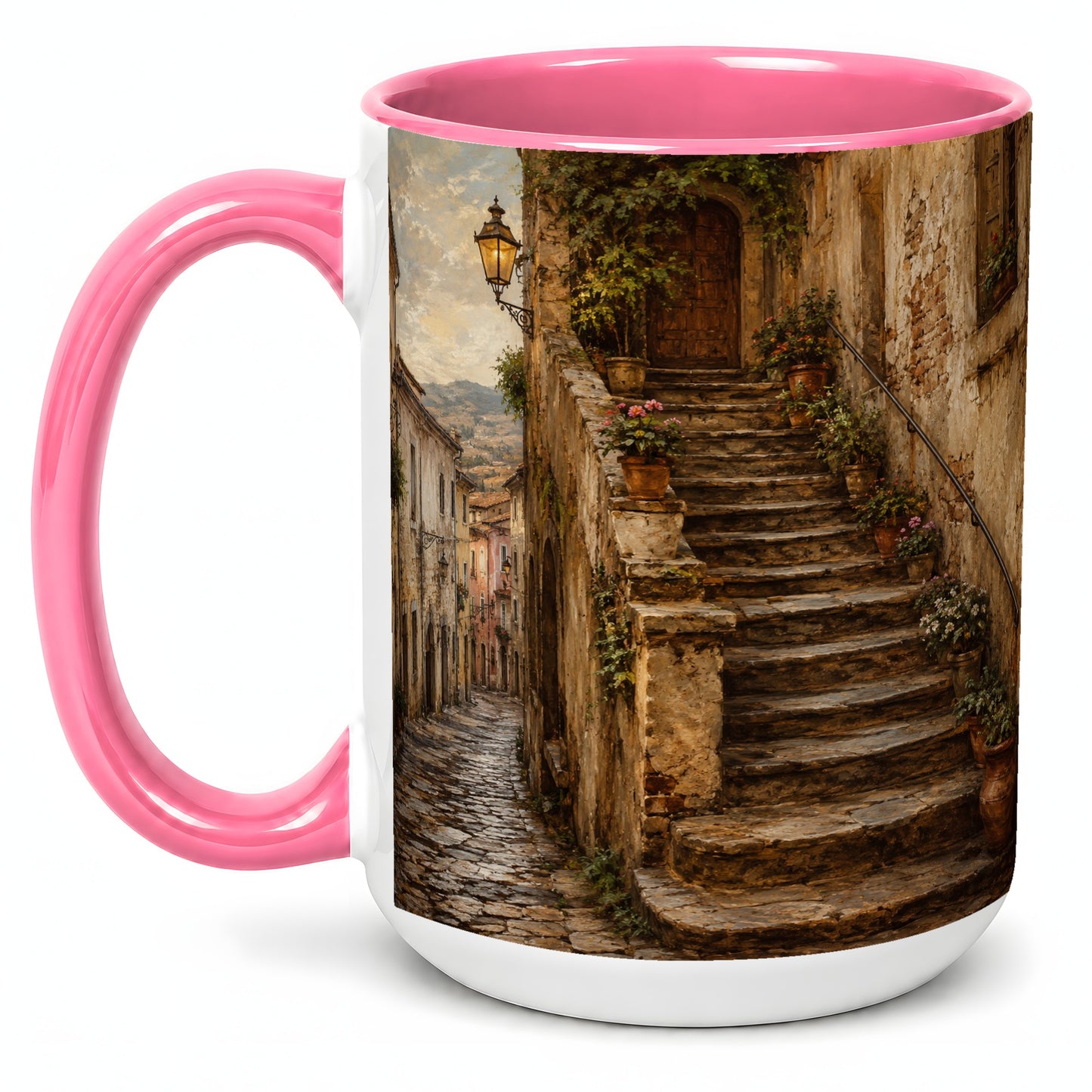 #pl[15oz|Pink] Old Village Staircase Ceramic Mug, Rustic European Street Art