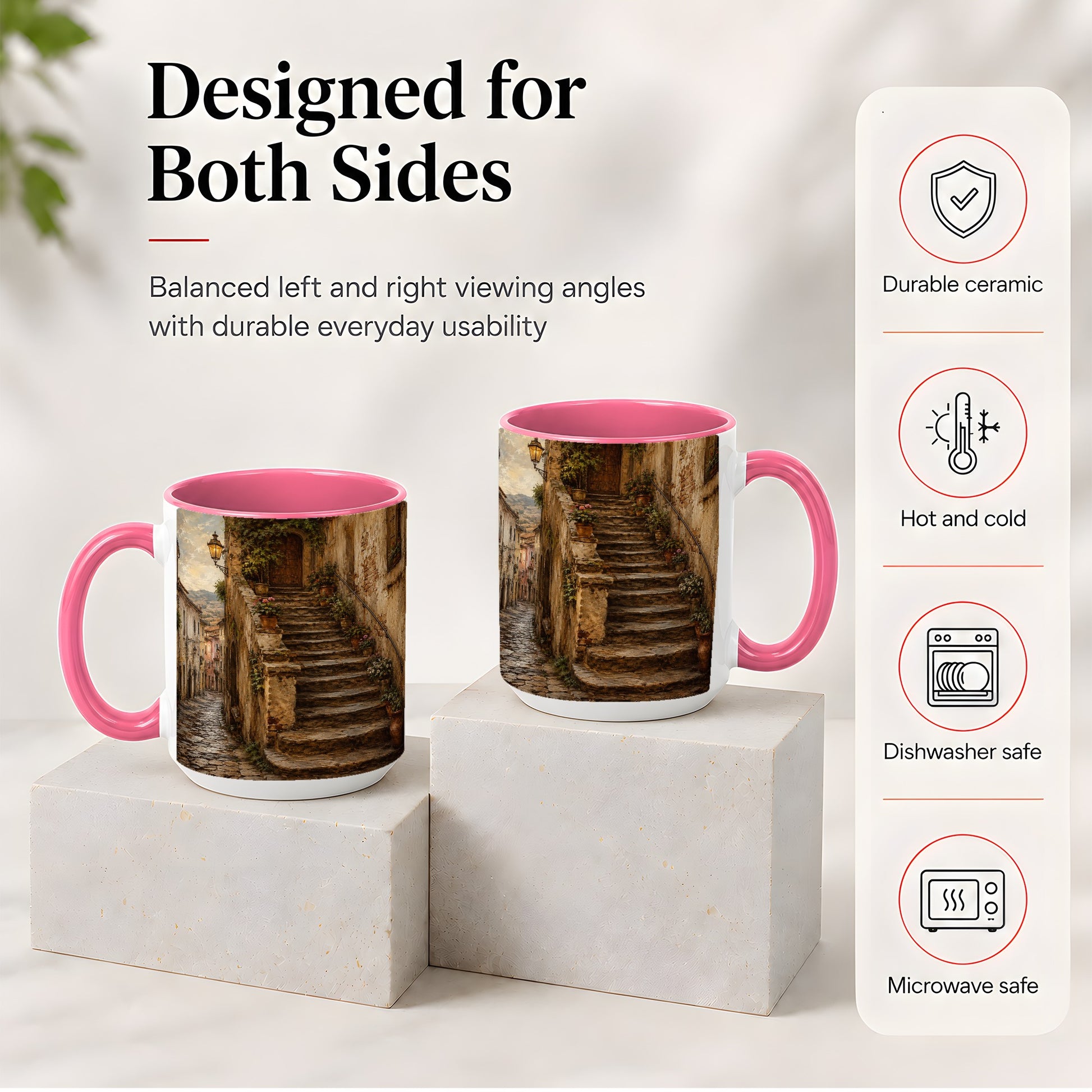 #pl[15oz|Pink] Old Village Staircase Ceramic Mug, Rustic European Street Art