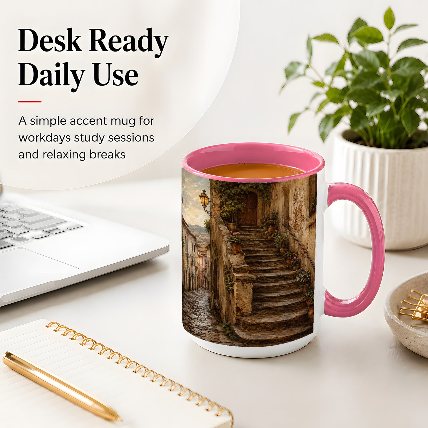 #pl[15oz|Pink] Old Village Staircase Ceramic Mug, Rustic European Street Art