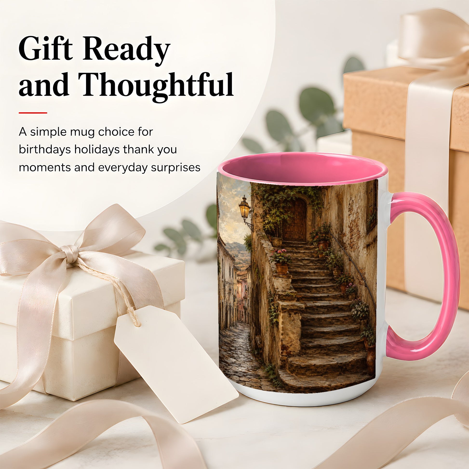 #pl[15oz|Pink] Old Village Staircase Ceramic Mug, Rustic European Street Art