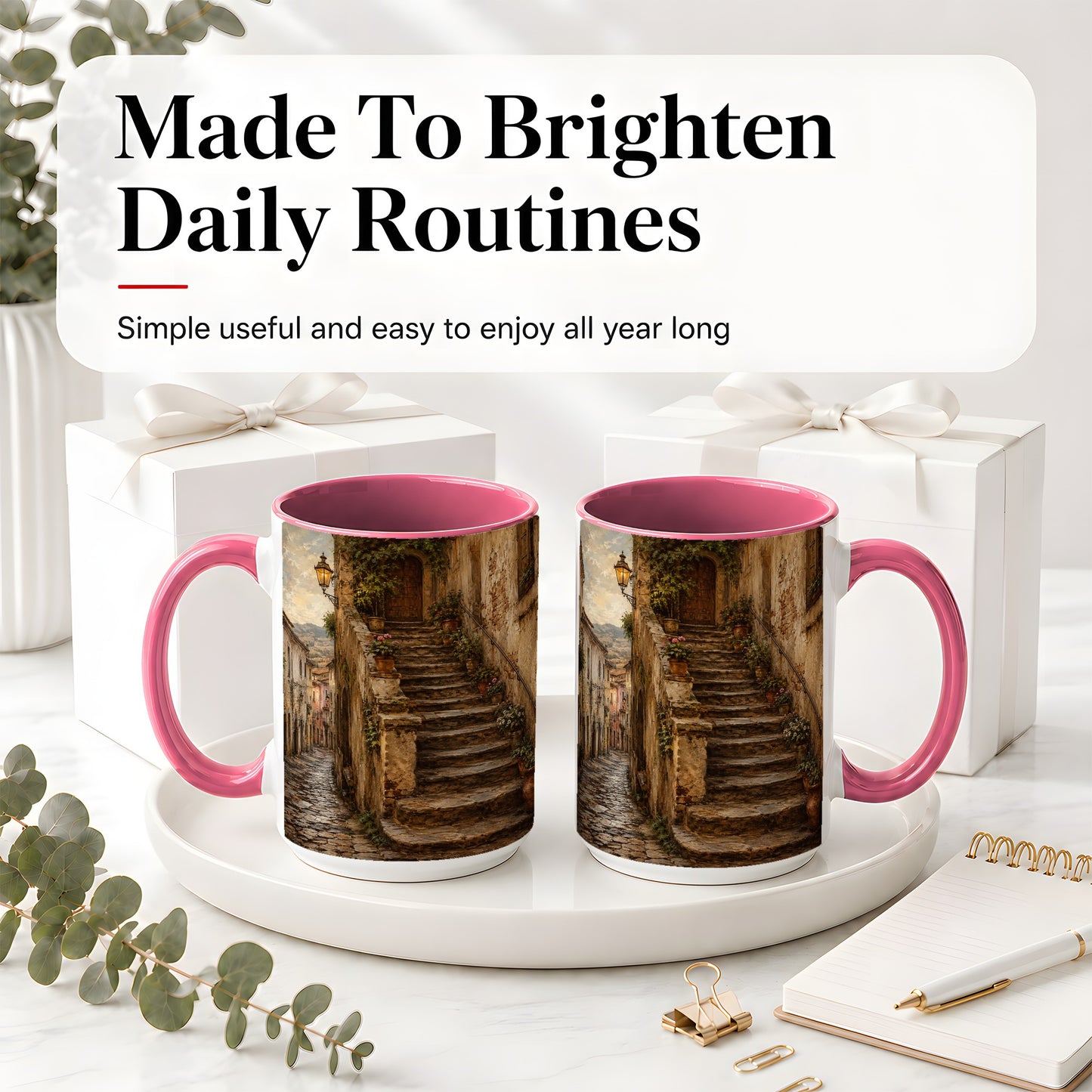 #pl[15oz|Pink] Old Village Staircase Ceramic Mug, Rustic European Street Art