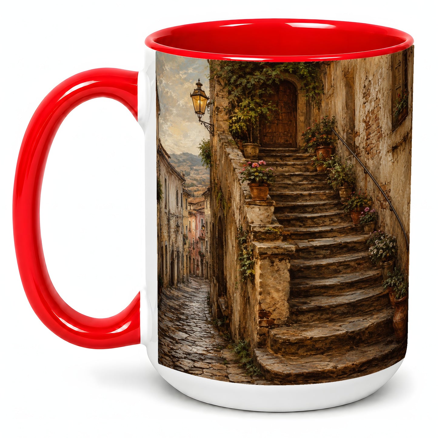 #pl[15oz|Red] Old Village Staircase Ceramic Mug, Rustic European Street Art