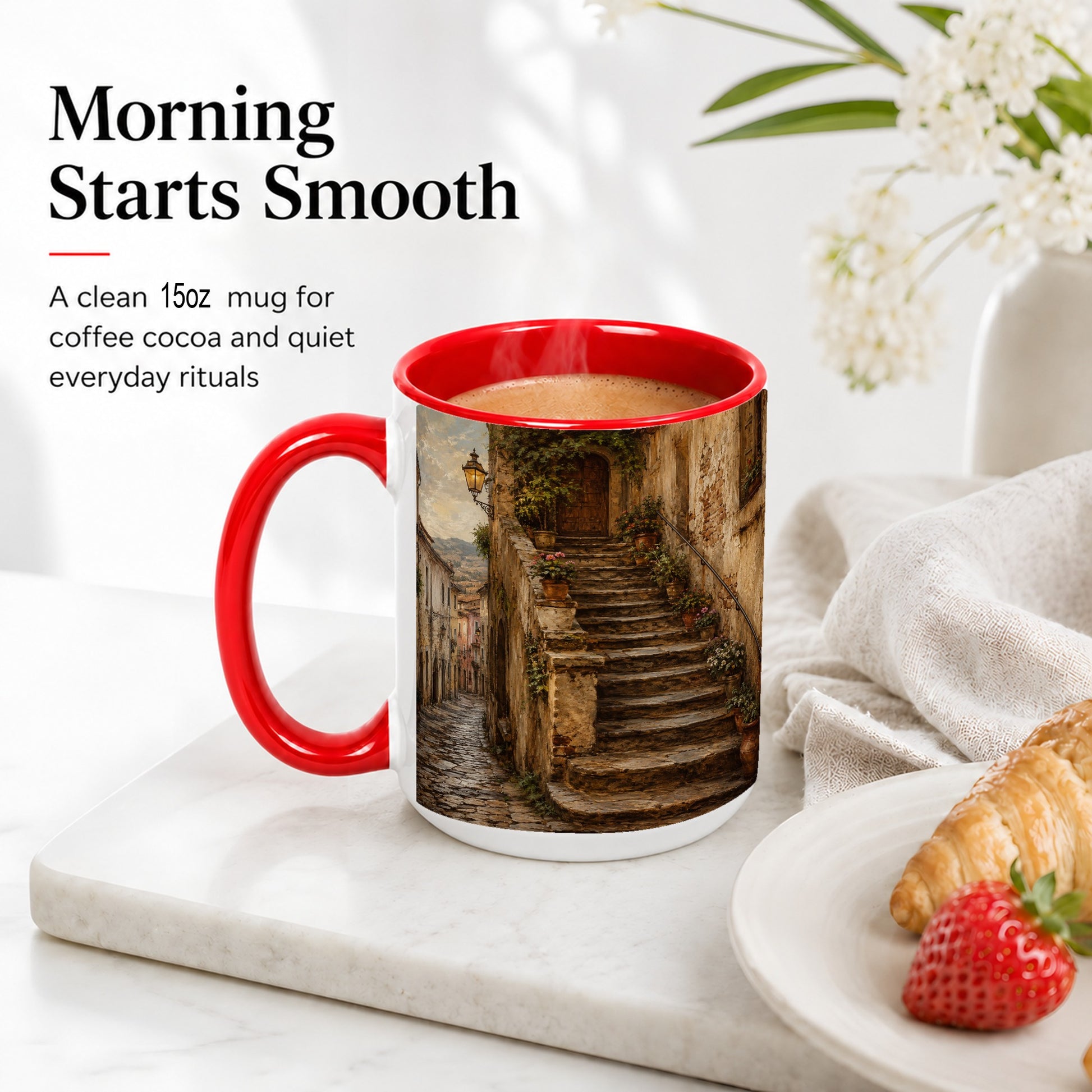 #pl[15oz|Red] Old Village Staircase Ceramic Mug, Rustic European Street Art