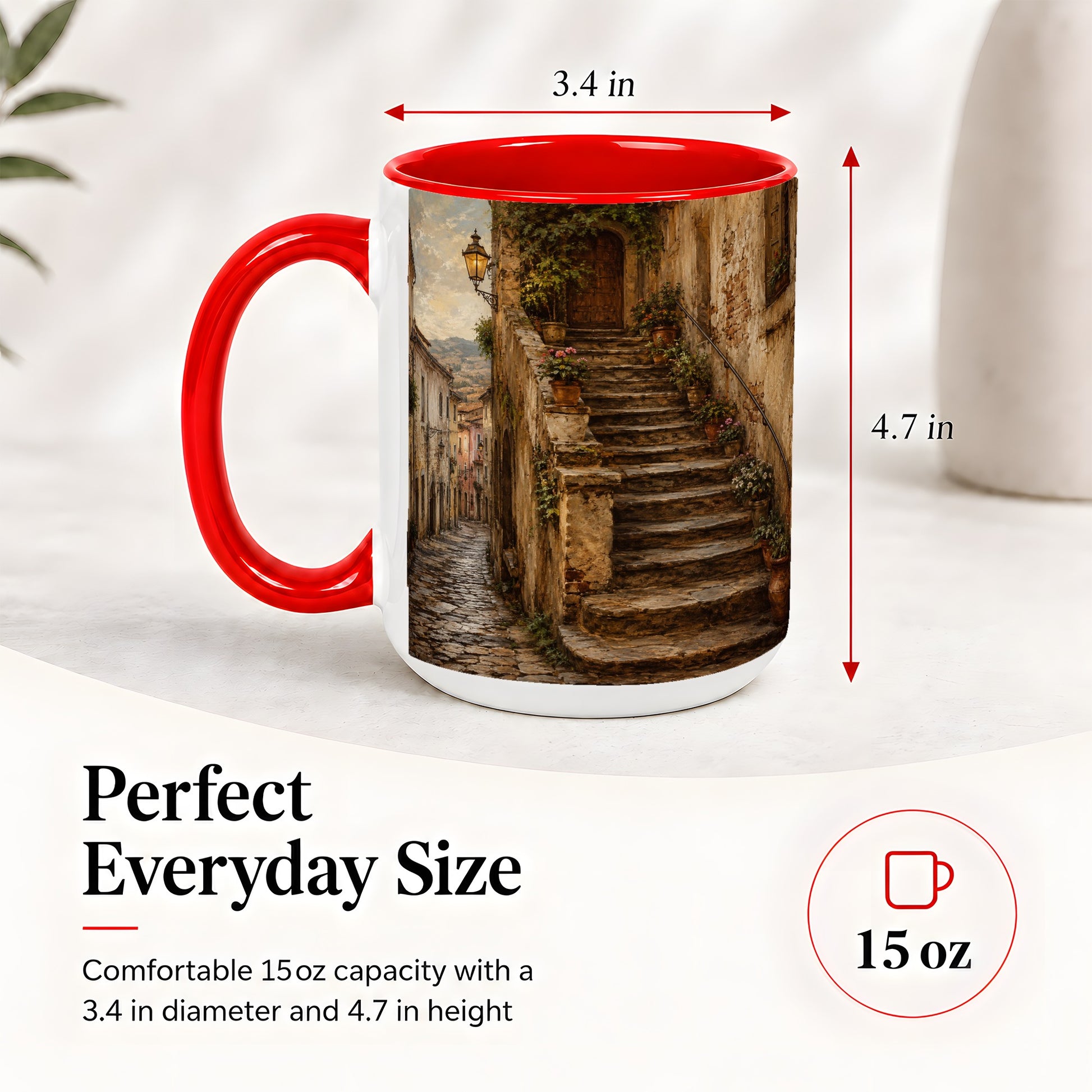 #pl[15oz|Red] Old Village Staircase Ceramic Mug, Rustic European Street Art