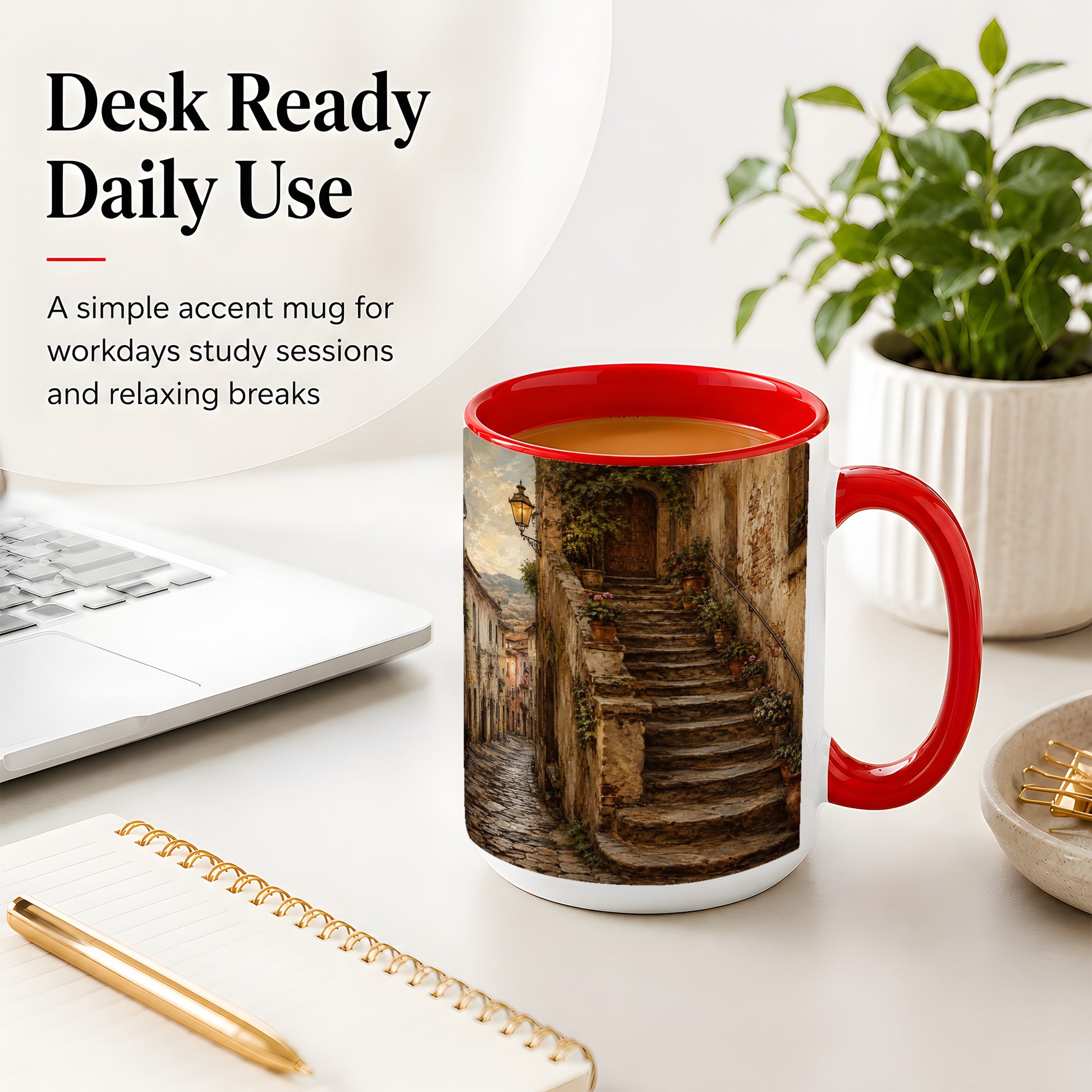 #pl[15oz|Red] Old Village Staircase Ceramic Mug, Rustic European Street Art