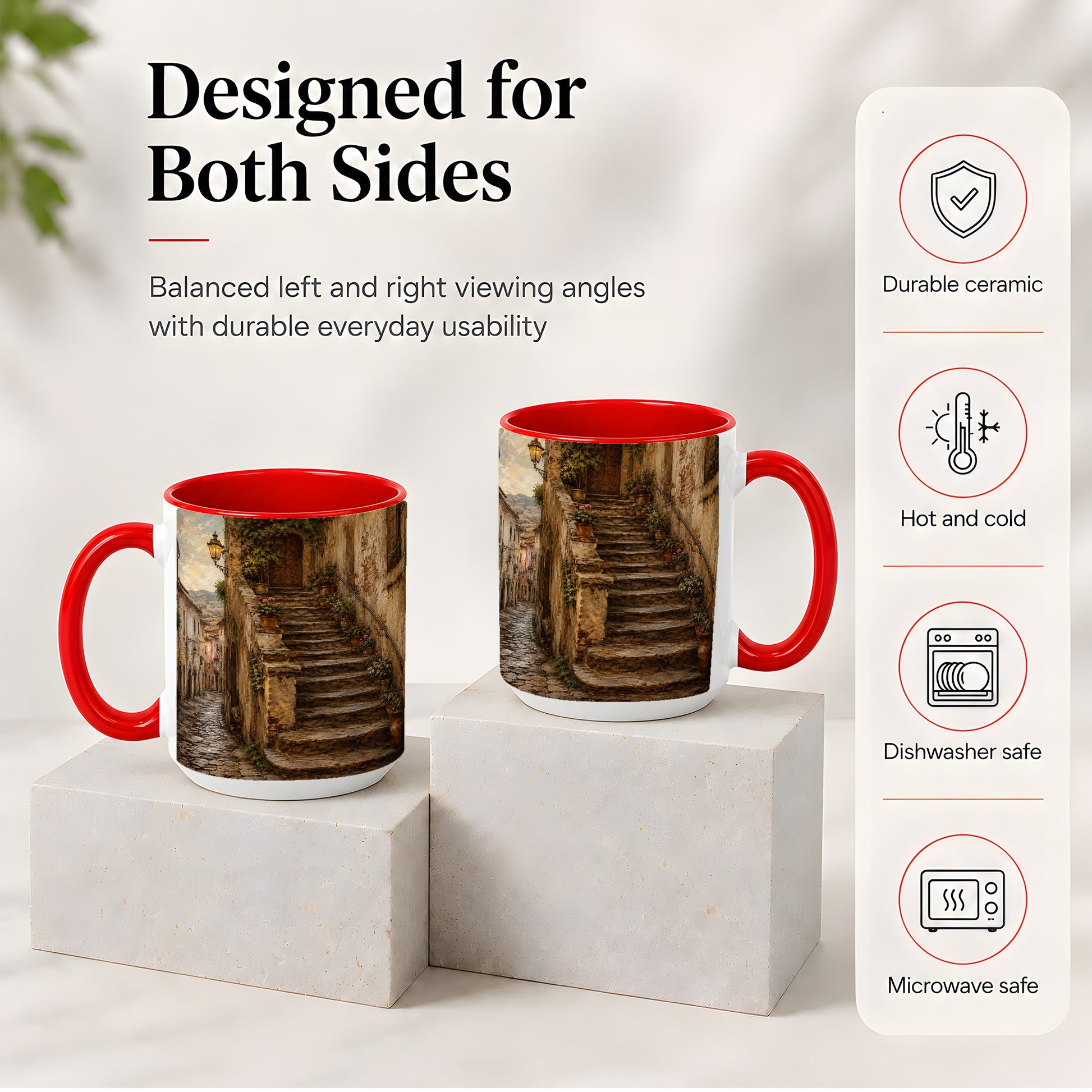#pl[15oz|Red] Old Village Staircase Ceramic Mug, Rustic European Street Art