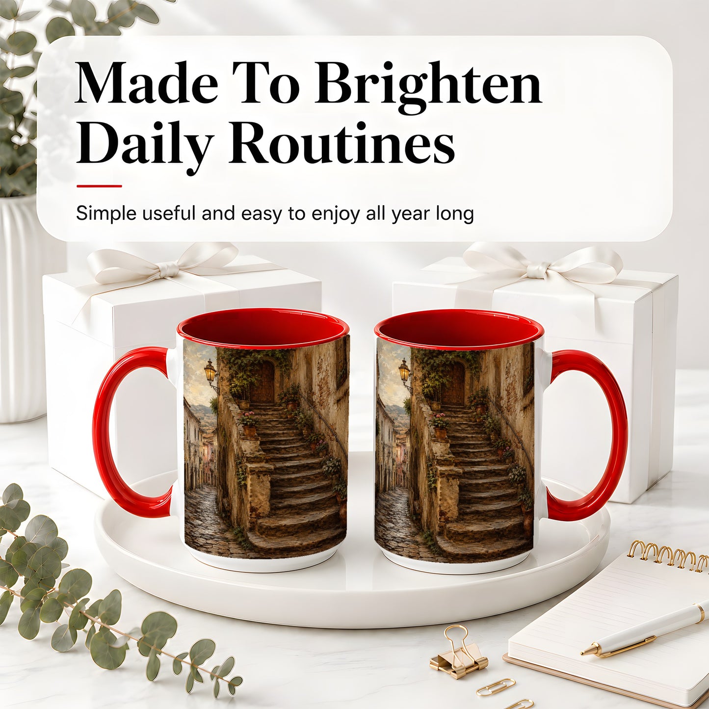 #pl[15oz|Red] Old Village Staircase Ceramic Mug, Rustic European Street Art