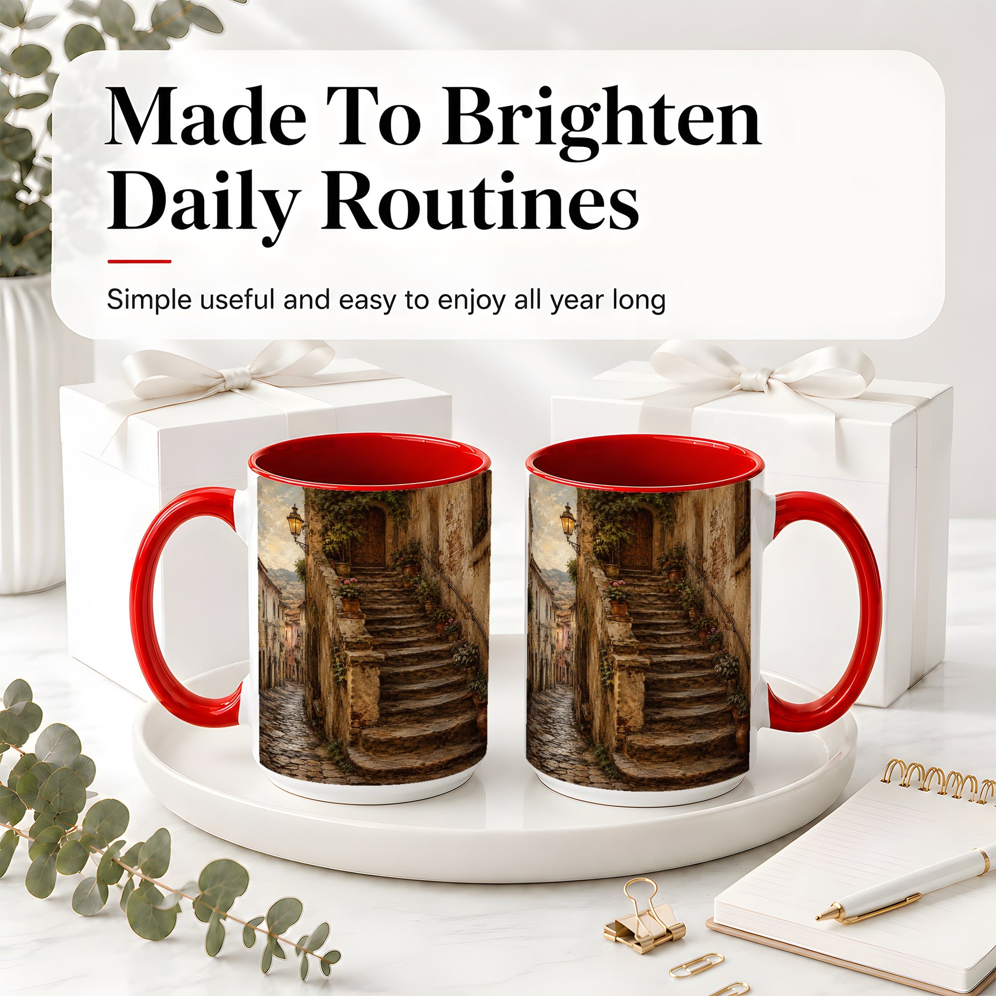 #pl[15oz|Red] Old Village Staircase Ceramic Mug, Rustic European Street Art