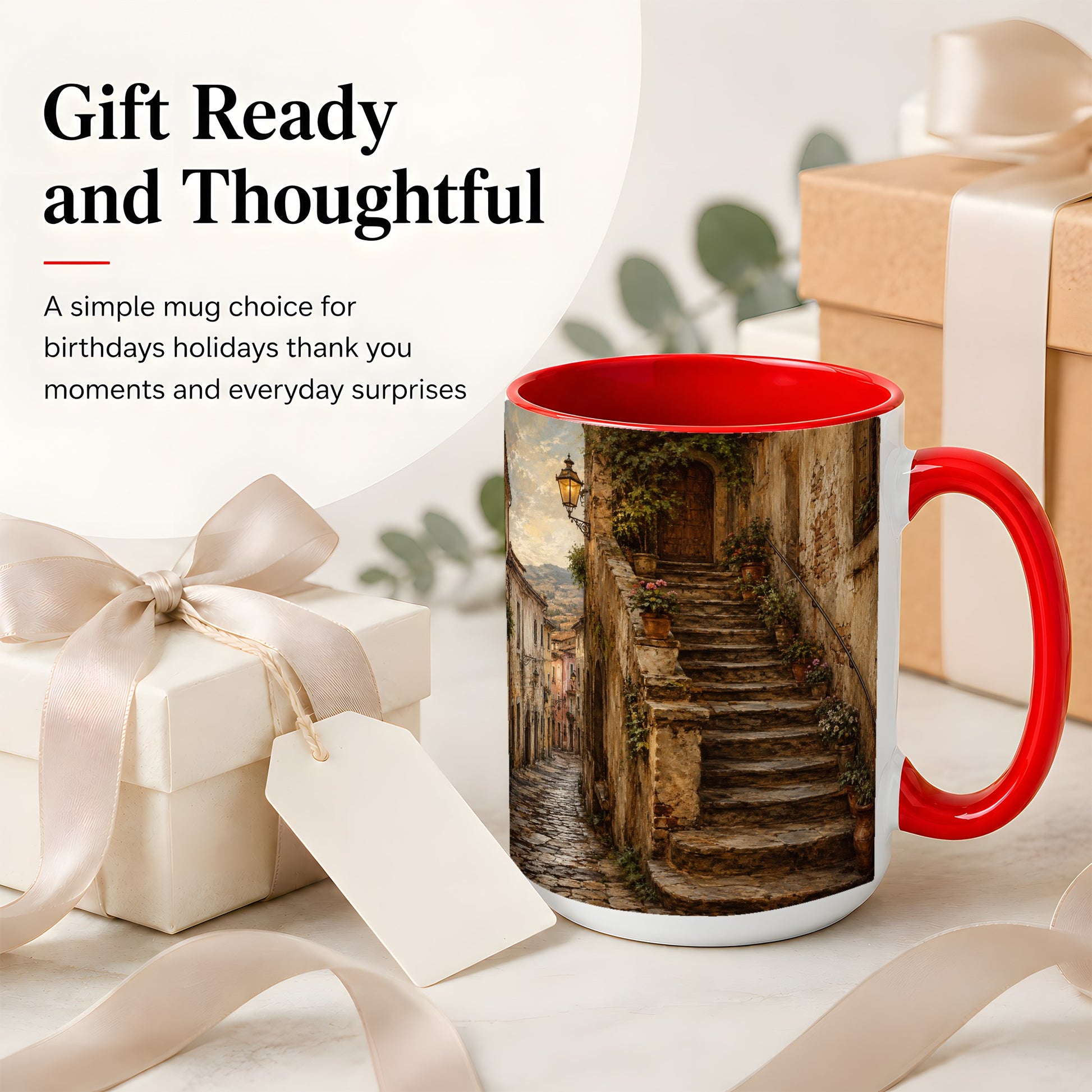 #pl[15oz|Red] Old Village Staircase Ceramic Mug, Rustic European Street Art