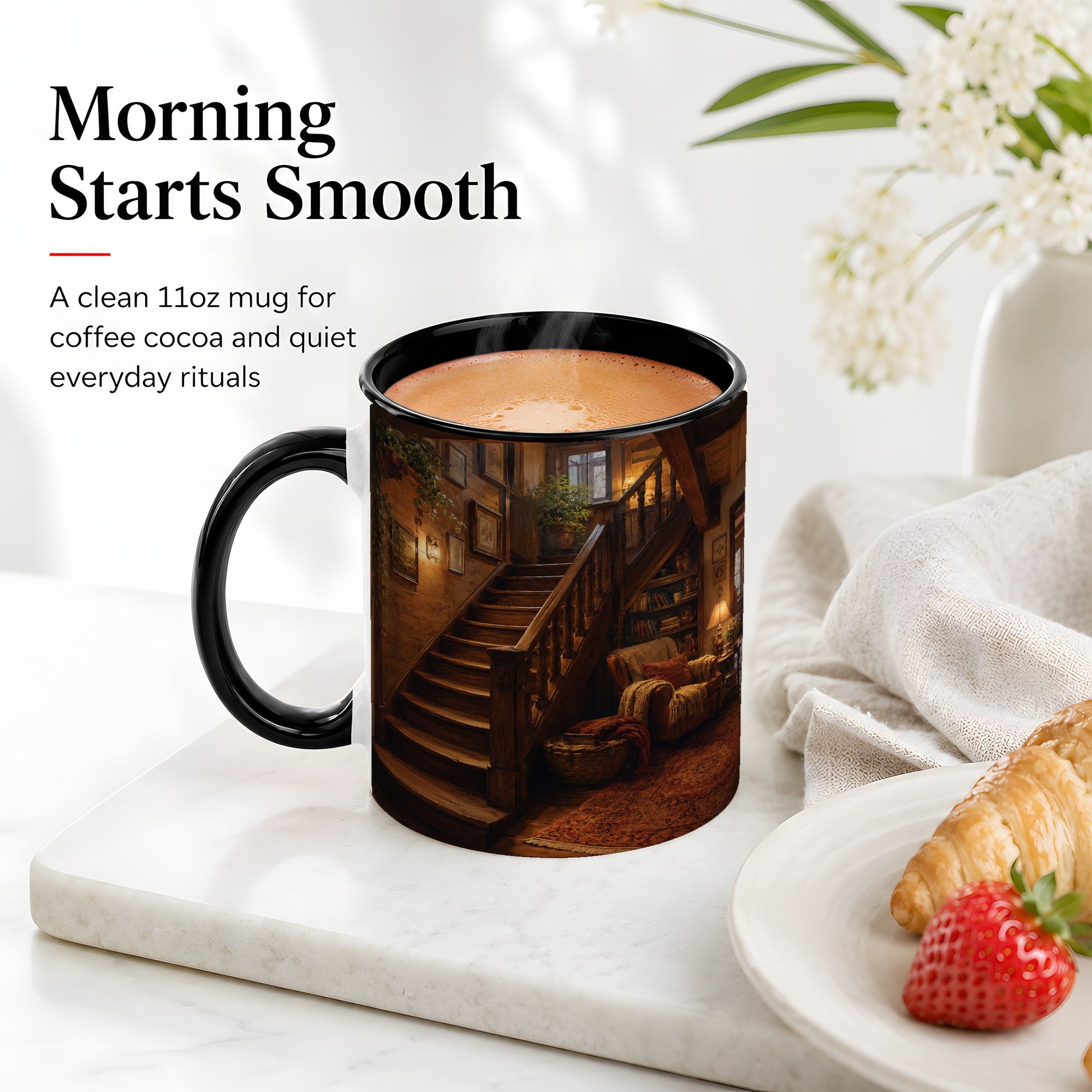 #pl[11oz|Black] Cozy Wooden Staircase Ceramic Mug, Warm Cottage Interior Art