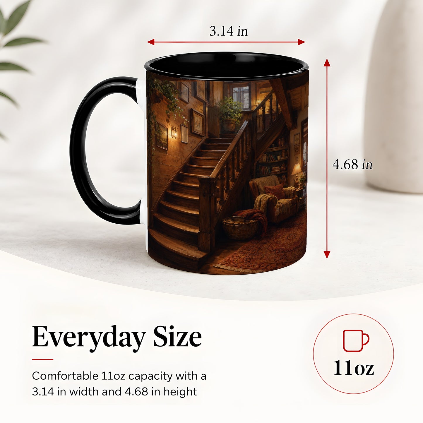 #pl[11oz|Black] Cozy Wooden Staircase Ceramic Mug, Warm Cottage Interior Art