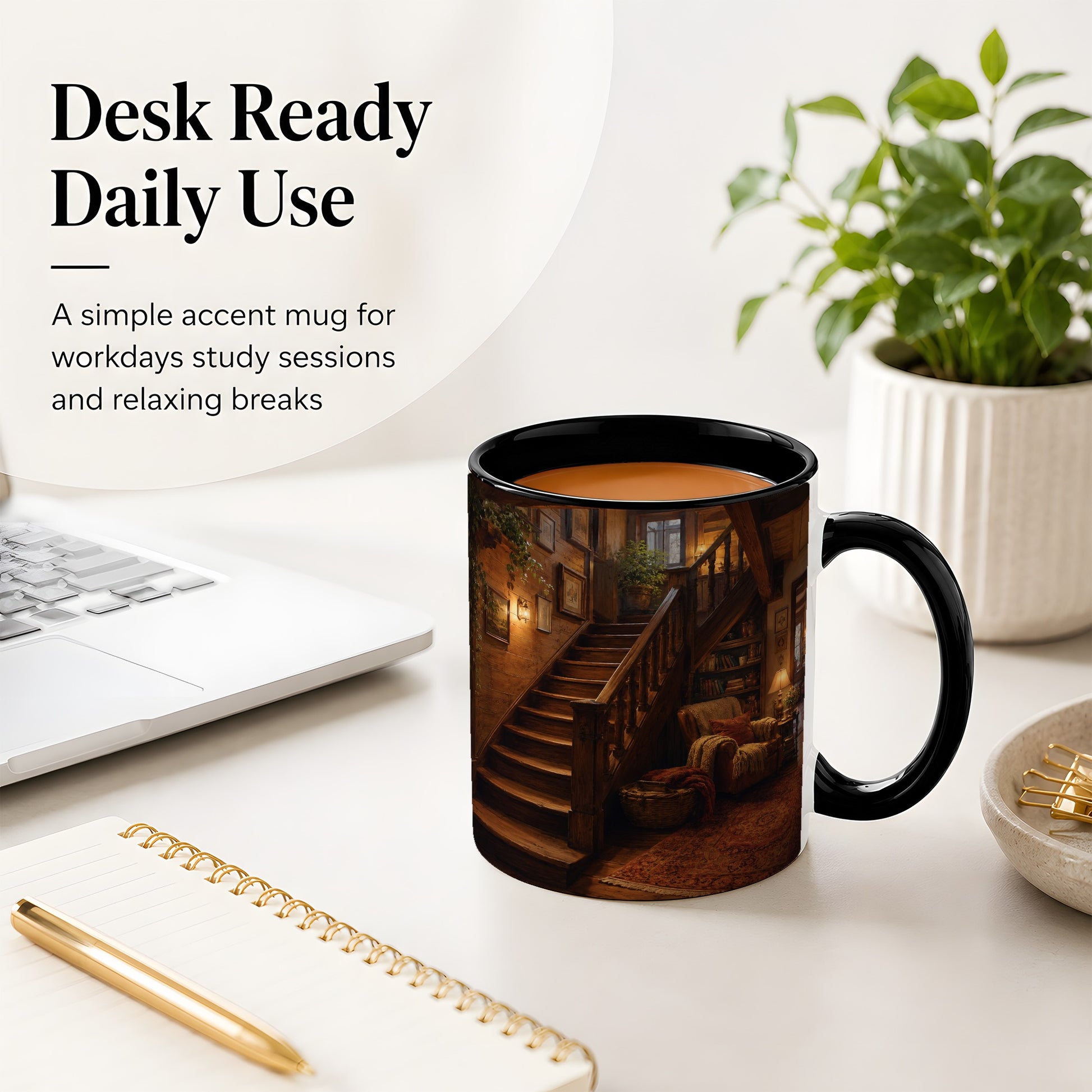 #pl[11oz|Black] Cozy Wooden Staircase Ceramic Mug, Warm Cottage Interior Art