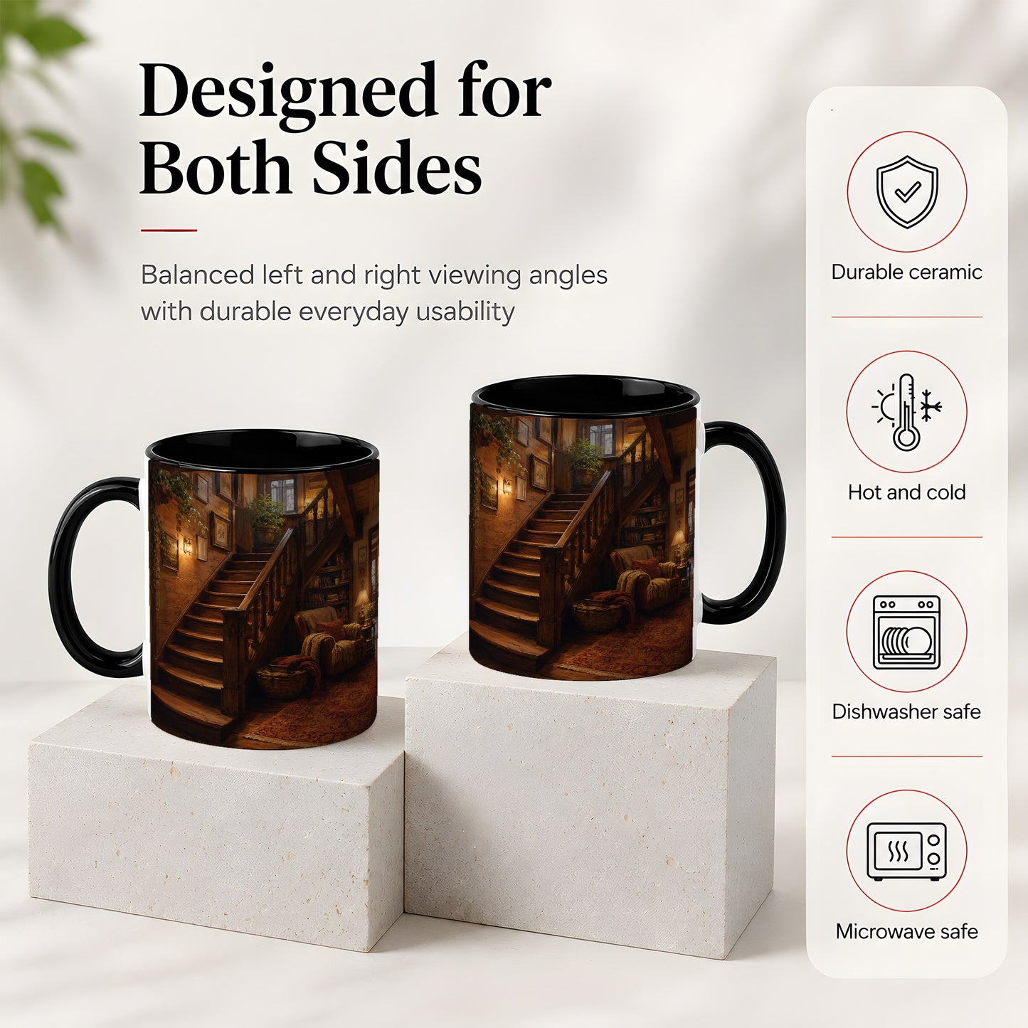 #pl[11oz|Black] Cozy Wooden Staircase Ceramic Mug, Warm Cottage Interior Art