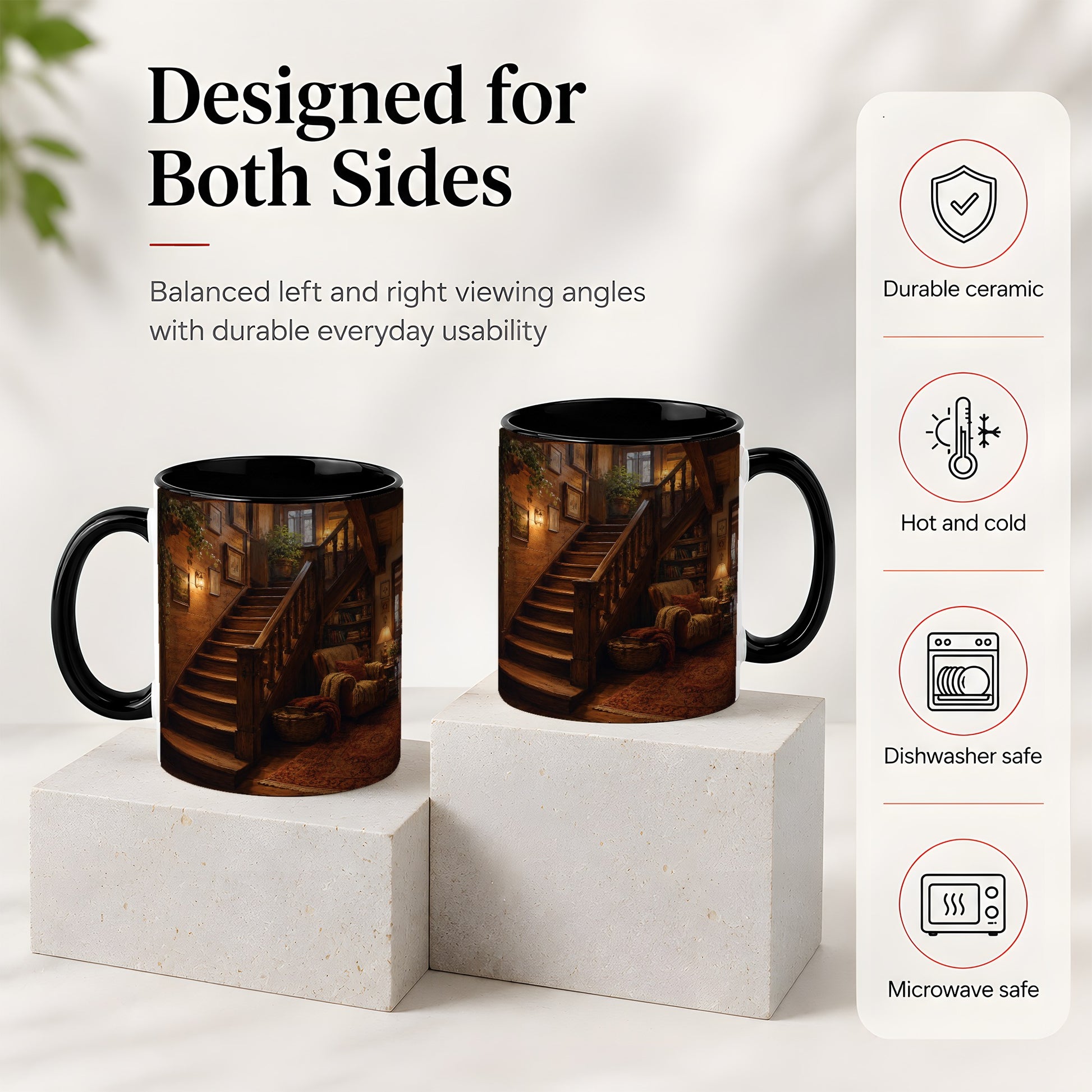 #pl[11oz|Black] Cozy Wooden Staircase Ceramic Mug, Warm Cottage Interior Art