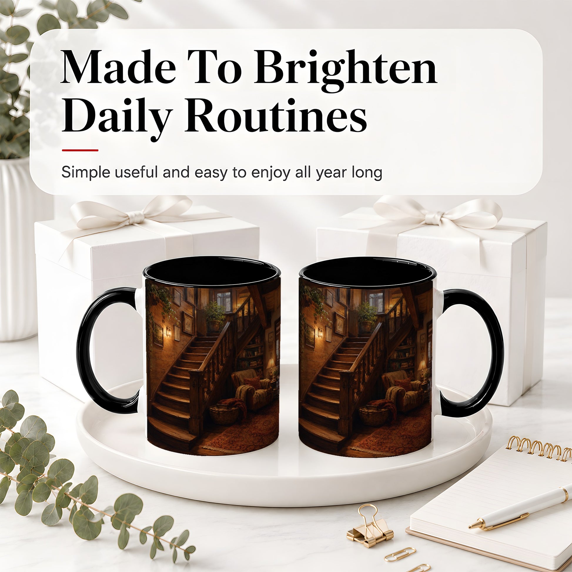 #pl[11oz|Black] Cozy Wooden Staircase Ceramic Mug, Warm Cottage Interior Art