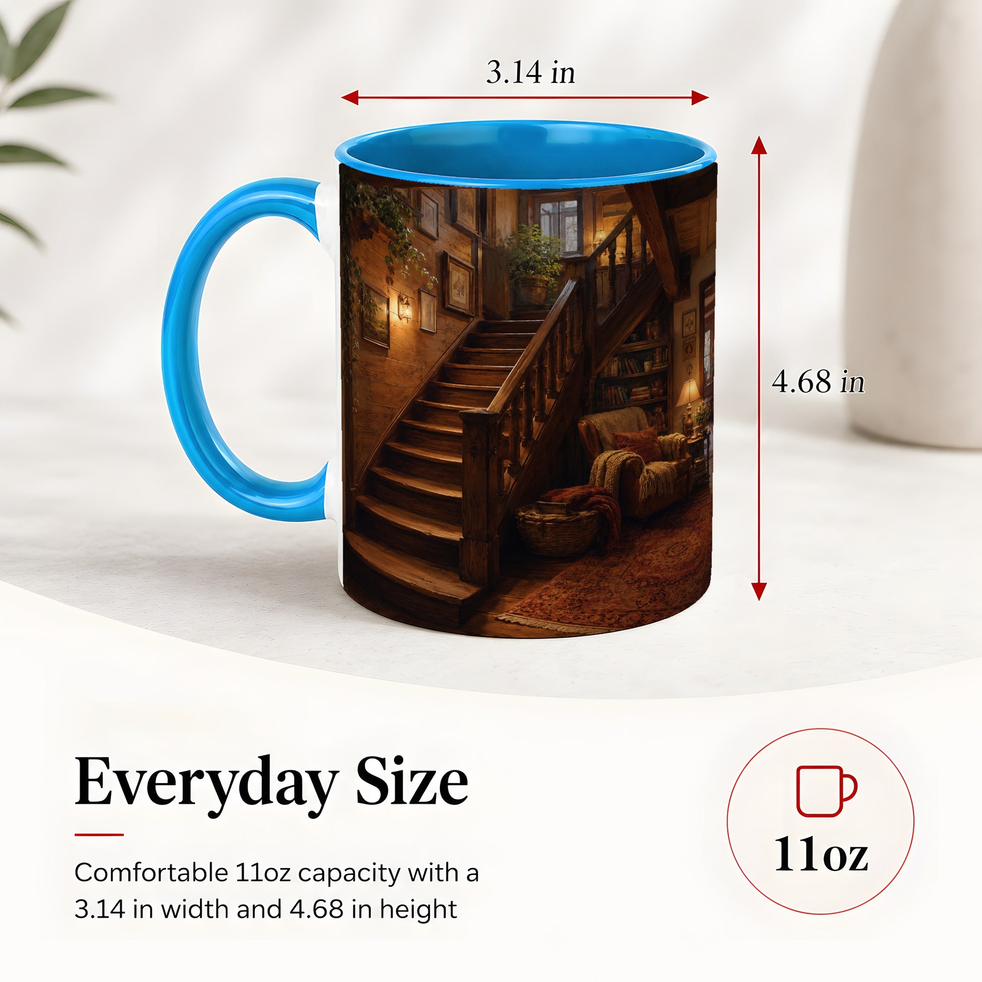 #pl[11oz|Blue] Cozy Wooden Staircase Ceramic Mug, Warm Cottage Interior Art