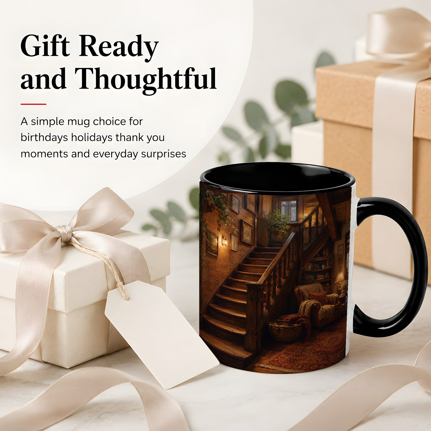 #pl[11oz|Black] Cozy Wooden Staircase Ceramic Mug, Warm Cottage Interior Art
