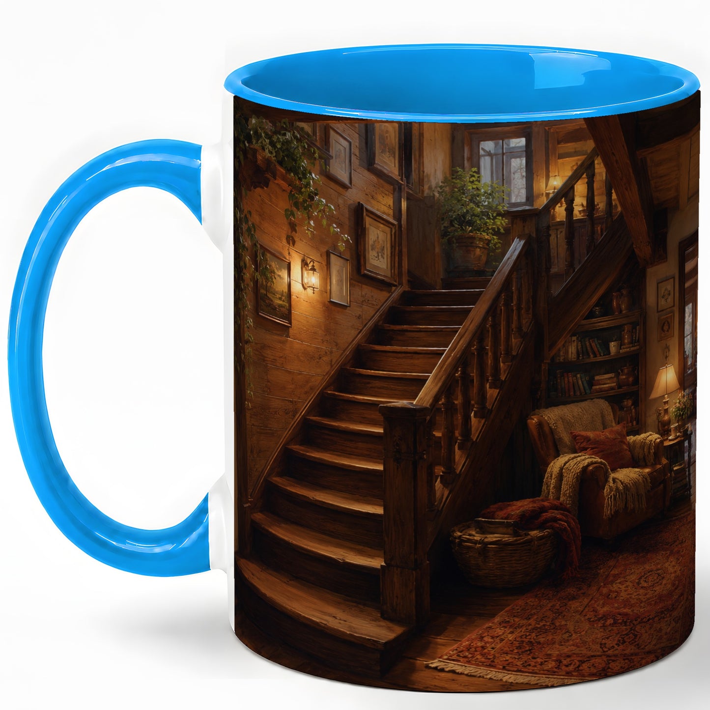 #pl[11oz|Blue] Cozy Wooden Staircase Ceramic Mug, Warm Cottage Interior Art