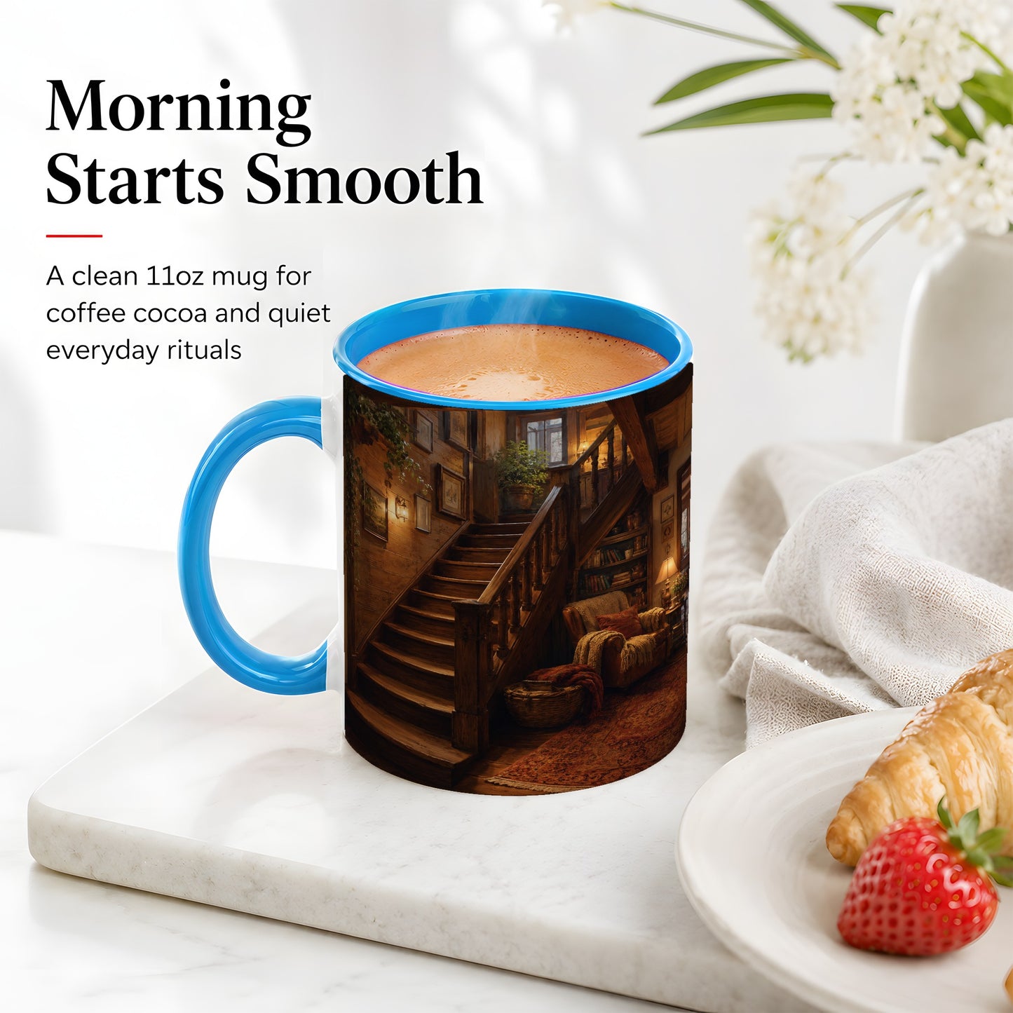 #pl[11oz|Blue] Cozy Wooden Staircase Ceramic Mug, Warm Cottage Interior Art