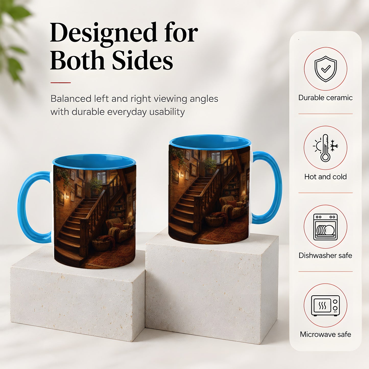 #pl[11oz|Blue] Cozy Wooden Staircase Ceramic Mug, Warm Cottage Interior Art
