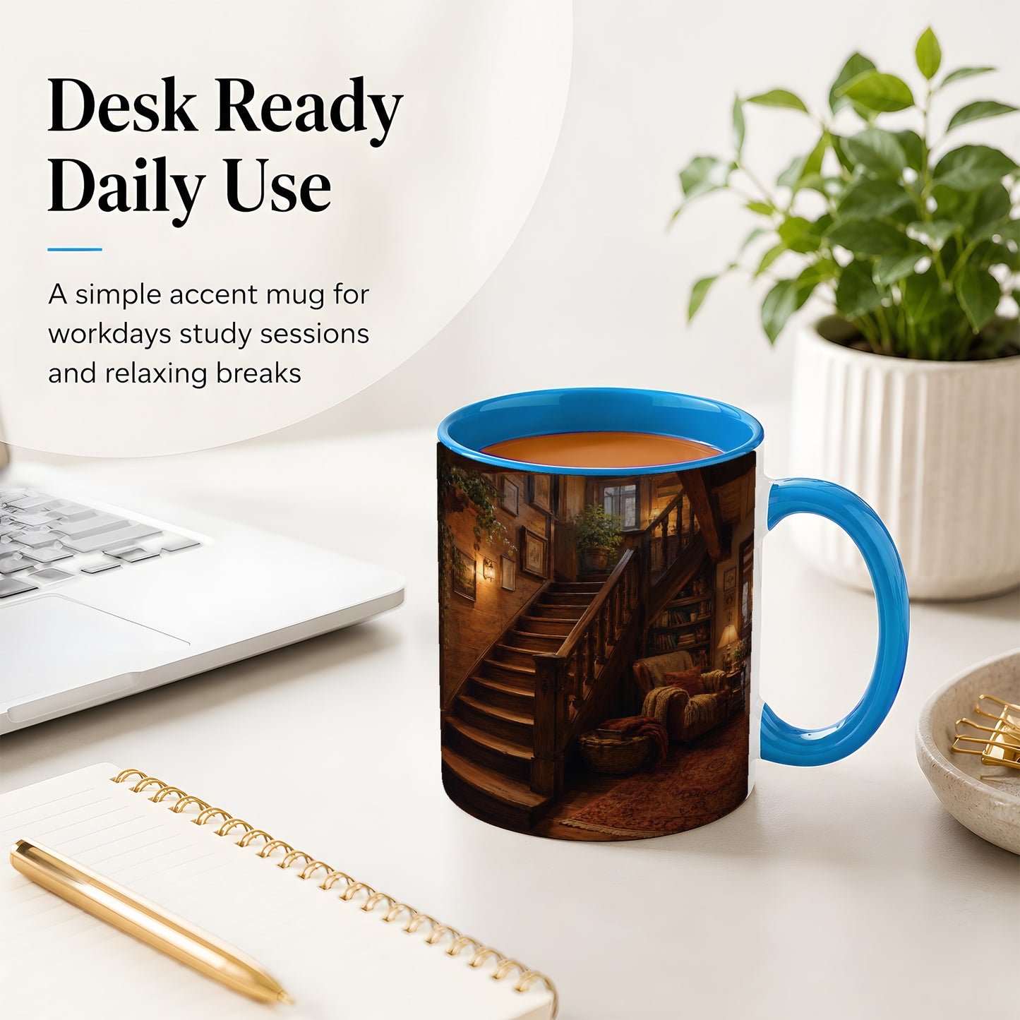#pl[11oz|Blue] Cozy Wooden Staircase Ceramic Mug, Warm Cottage Interior Art
