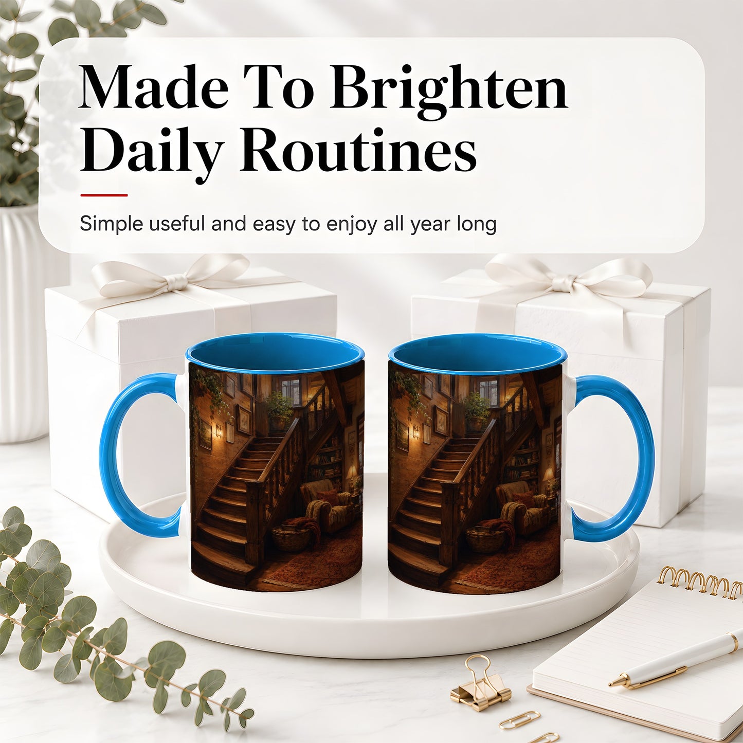 #pl[11oz|Blue] Cozy Wooden Staircase Ceramic Mug, Warm Cottage Interior Art