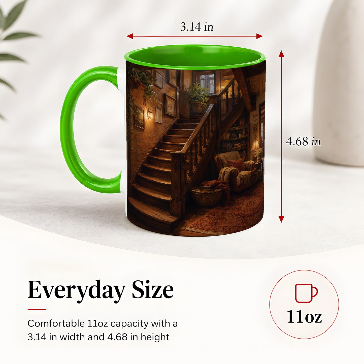 #pl[11oz|Green] Cozy Wooden Staircase Ceramic Mug, Warm Cottage Interior Art