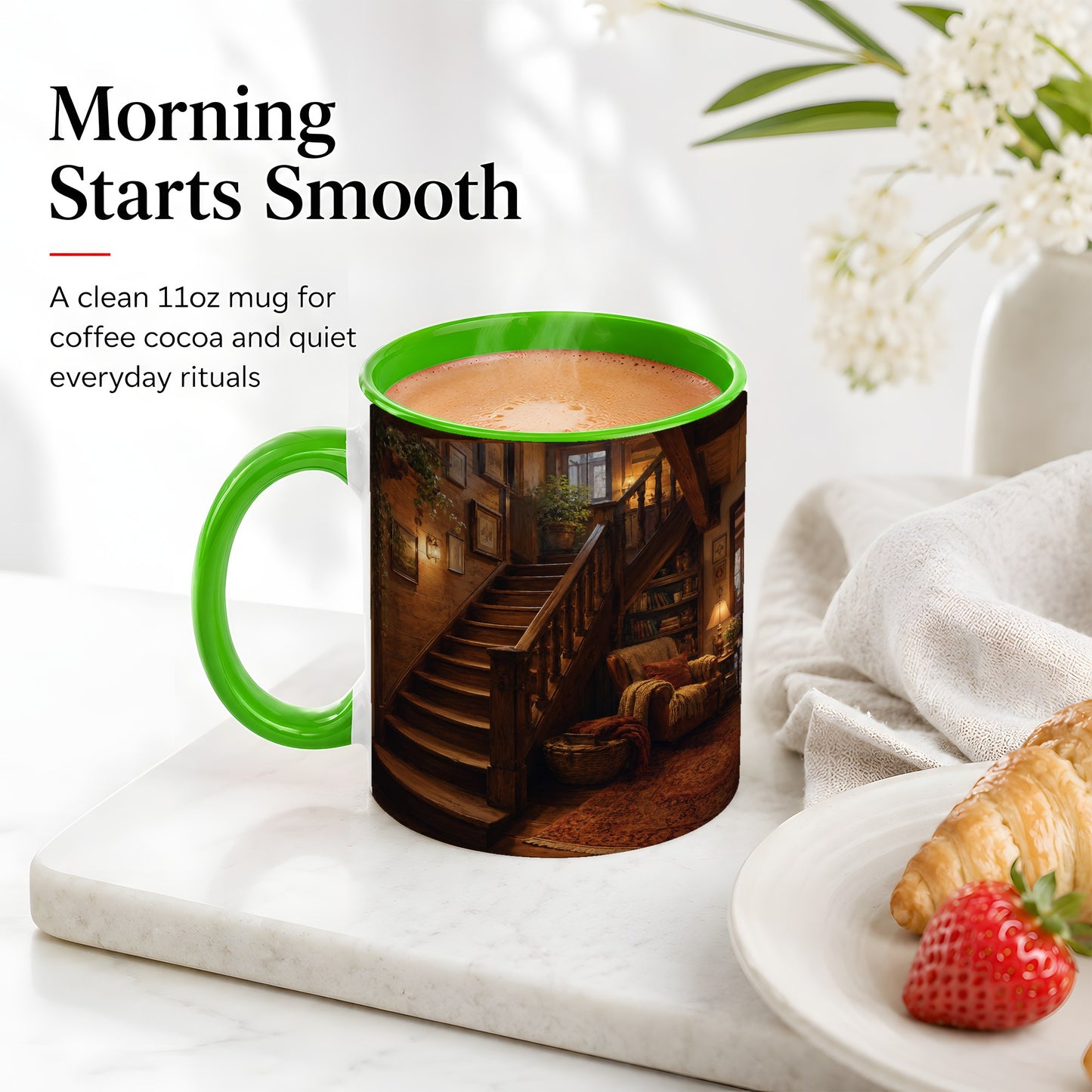 #pl[11oz|Green] Cozy Wooden Staircase Ceramic Mug, Warm Cottage Interior Art